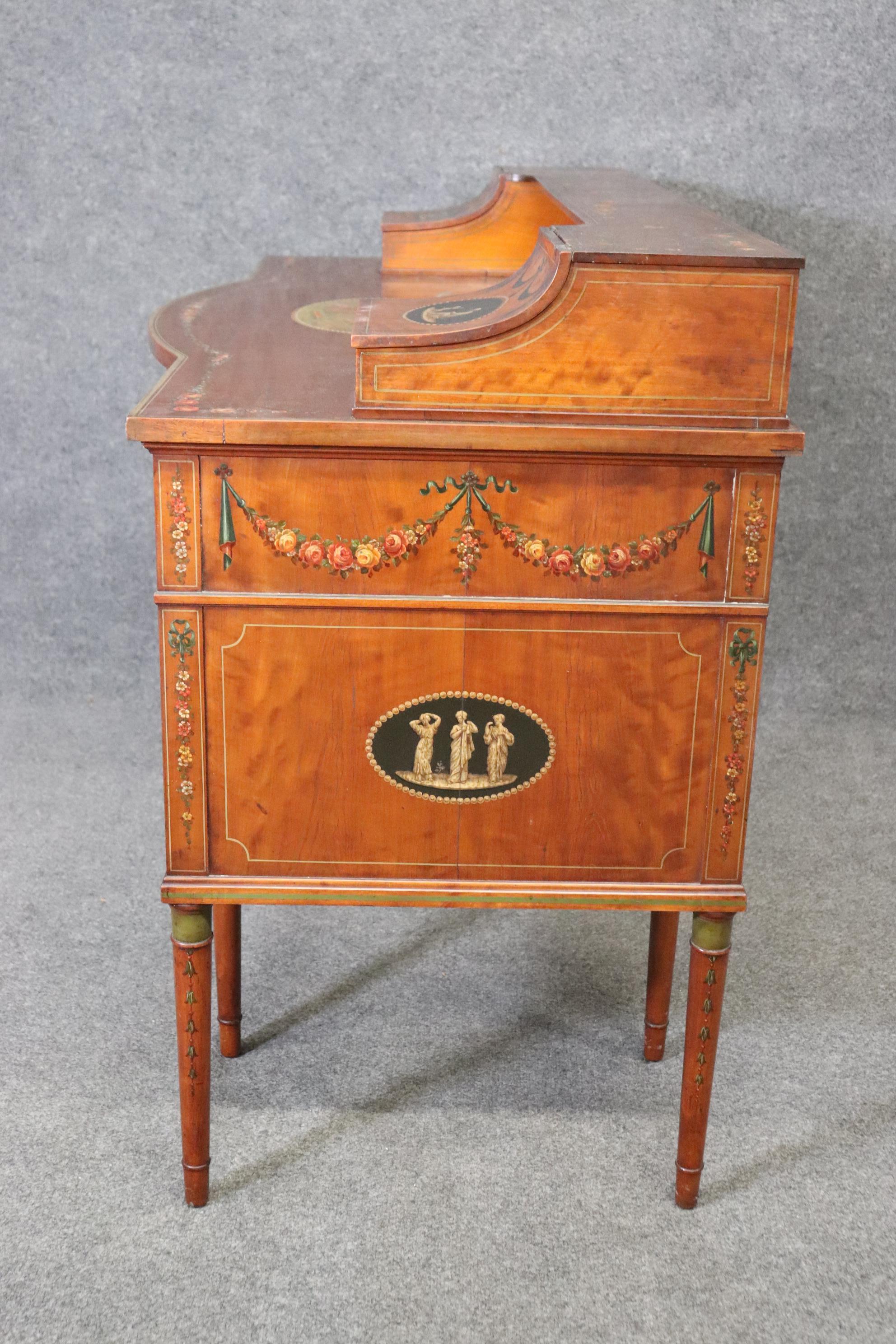 Superb English Paint Decorated Adams Satinwood Carlton House Desk Circa 1890s For Sale 3