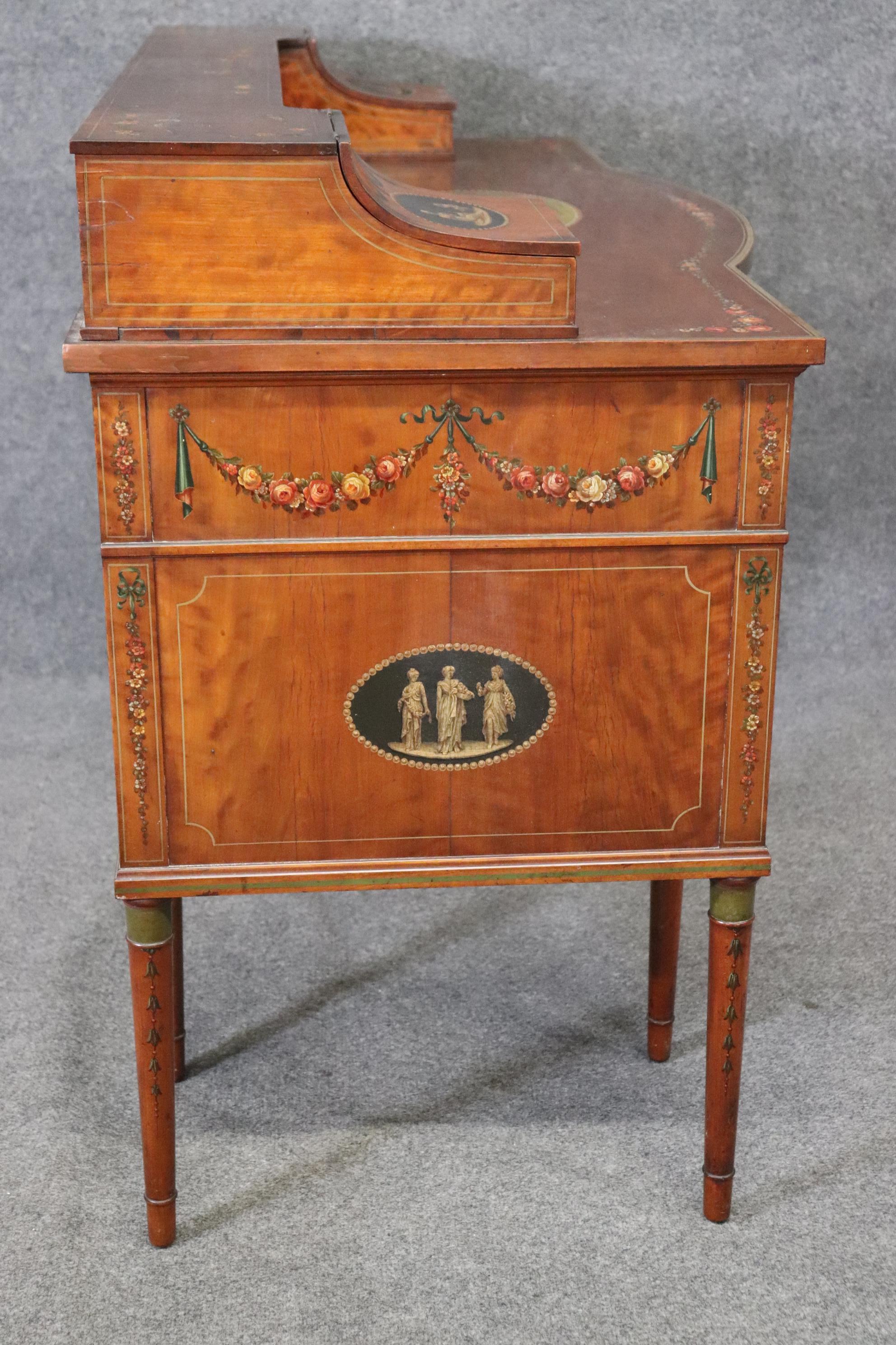 Superb English Paint Decorated Adams Satinwood Carlton House Desk Circa 1890s For Sale 4