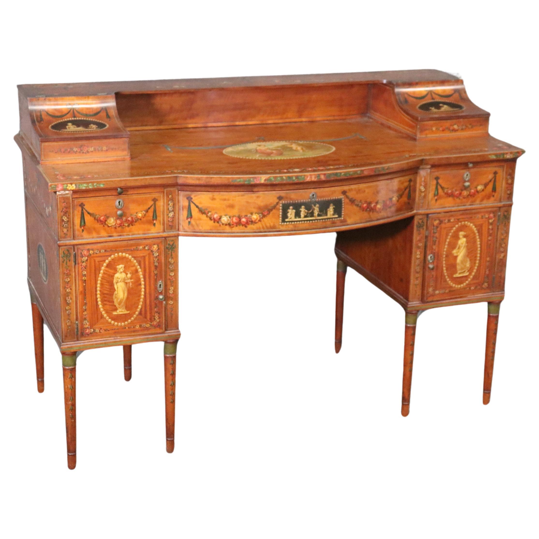 Superb English Paint Decorated Adams Satinwood Carlton House Desk Circa 1890s For Sale