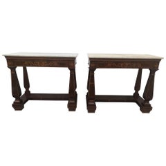 Superb English Pair of 19th Century Mahogany and Marquetry Satinwood Marble Top