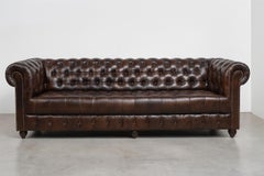 Superb English Tufted Bench Mottled Brown 87 Inch Leather Chesterfield Sofa