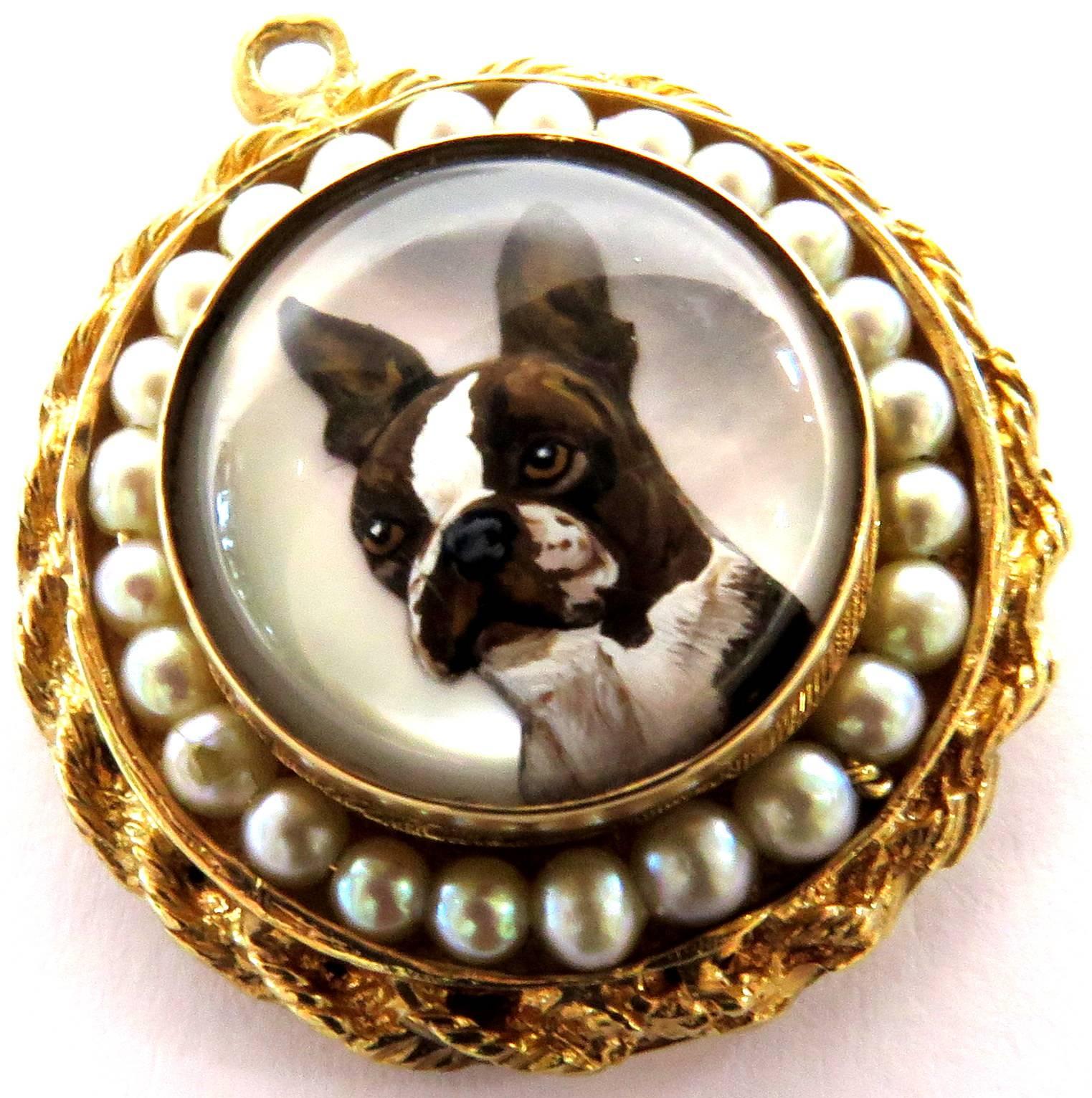Superb Essex Crystal French Bulldog or Boston Terrier Pearl Gold Charm Pendant In Excellent Condition For Sale In Palm Beach, FL