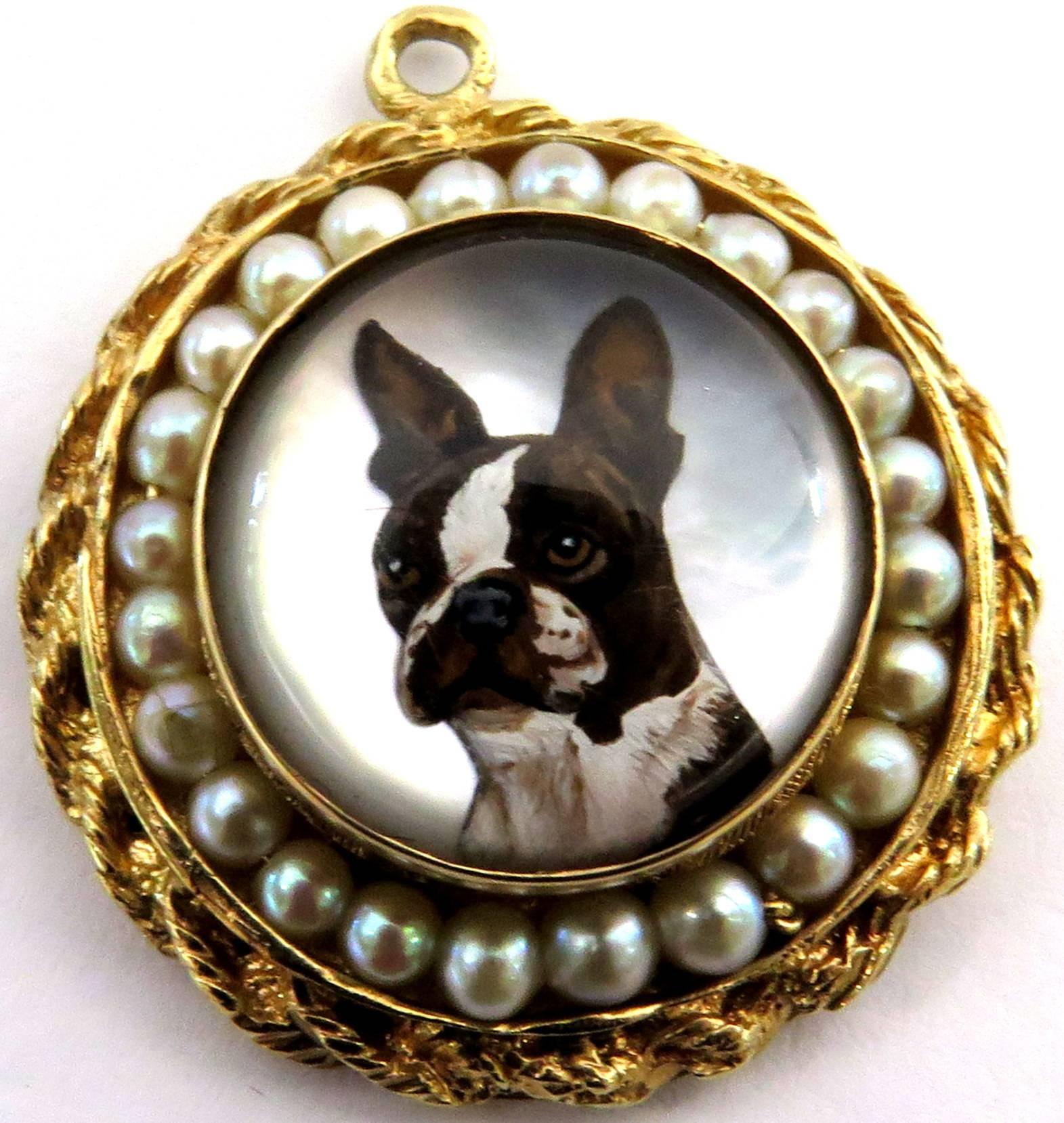 Women's or Men's Superb Essex Crystal French Bulldog or Boston Terrier Pearl Gold Charm Pendant For Sale