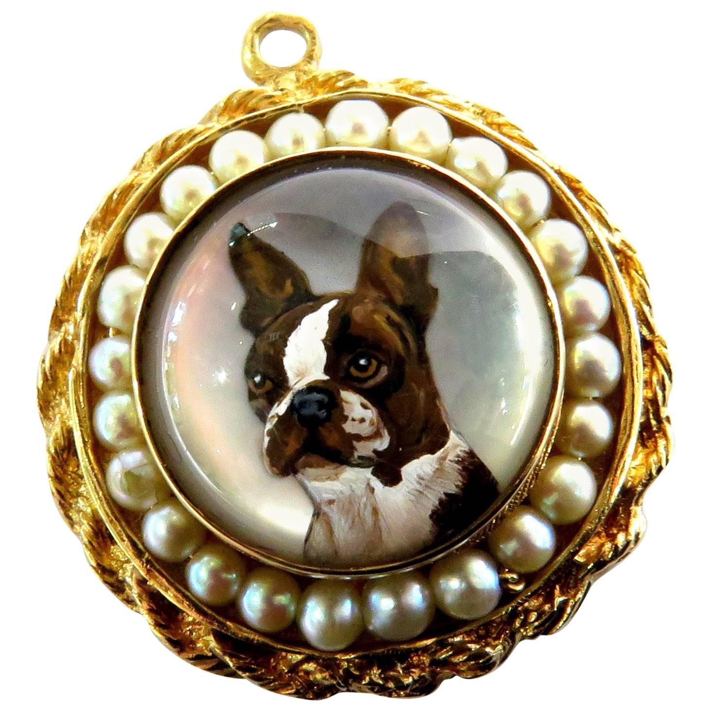 Superb Essex Crystal French Bulldog or Boston Terrier Pearl Gold Charm Pendant For Sale