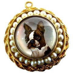 Retro Superb Essex Crystal French Bulldog or Boston Terrier Pearl Gold Charm Pendant