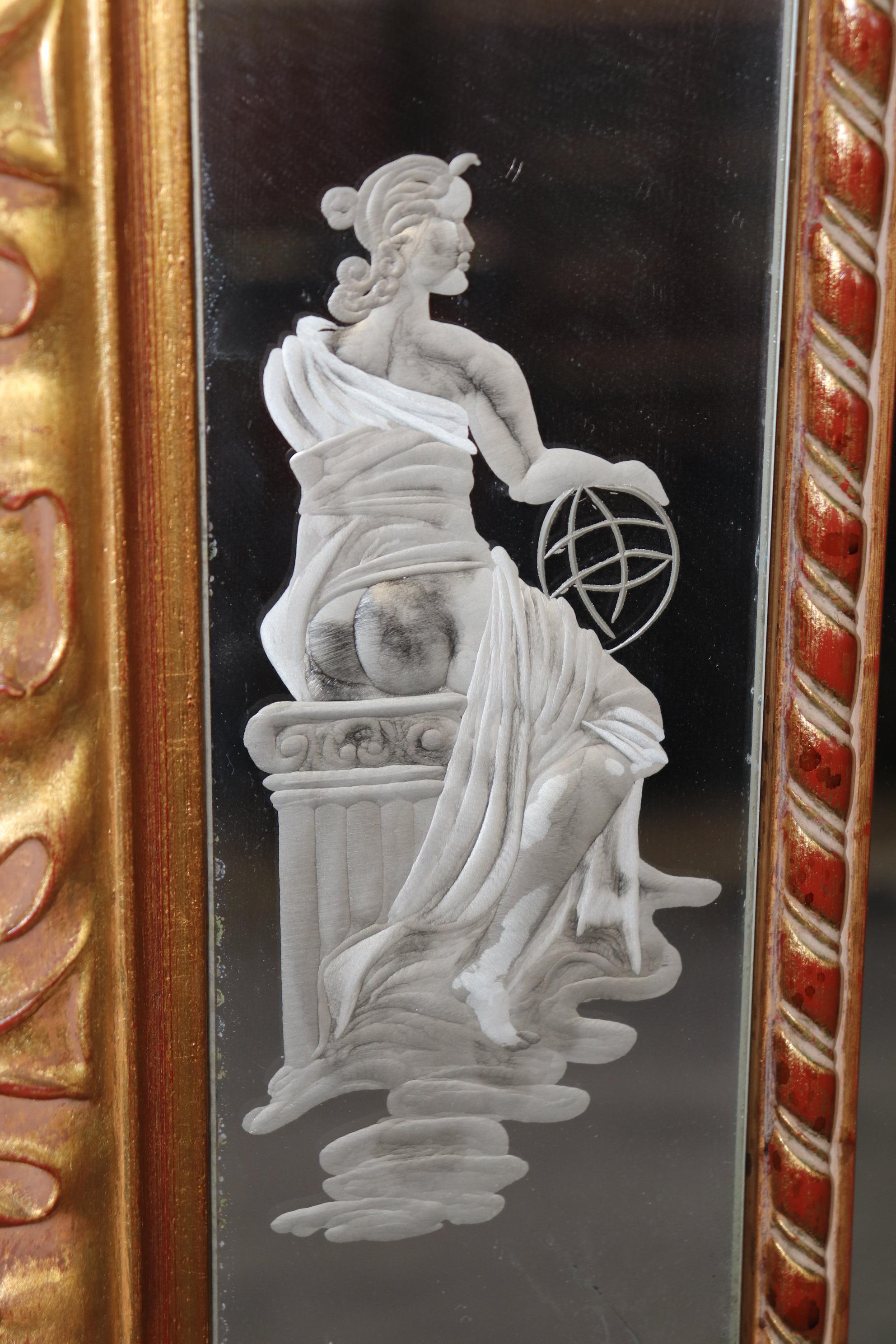 Mid-20th Century Superb Etched Figural Romanesque Style Italian Octagonal Carved Giltwood Mirror  For Sale