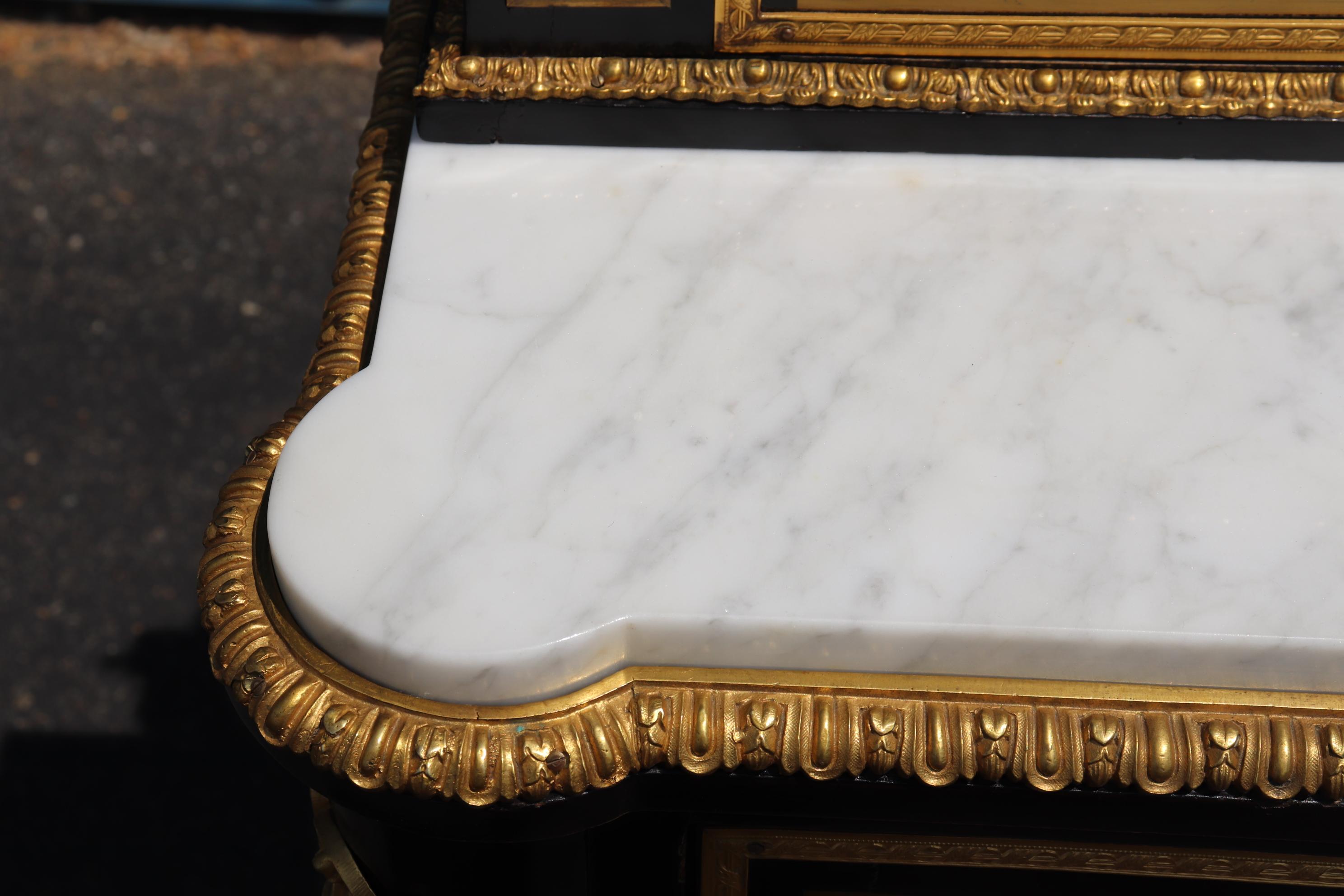 French Superb Etched Mirror Brass Inlaid Marble Top Boulle Style Dresser Secretary Desk
