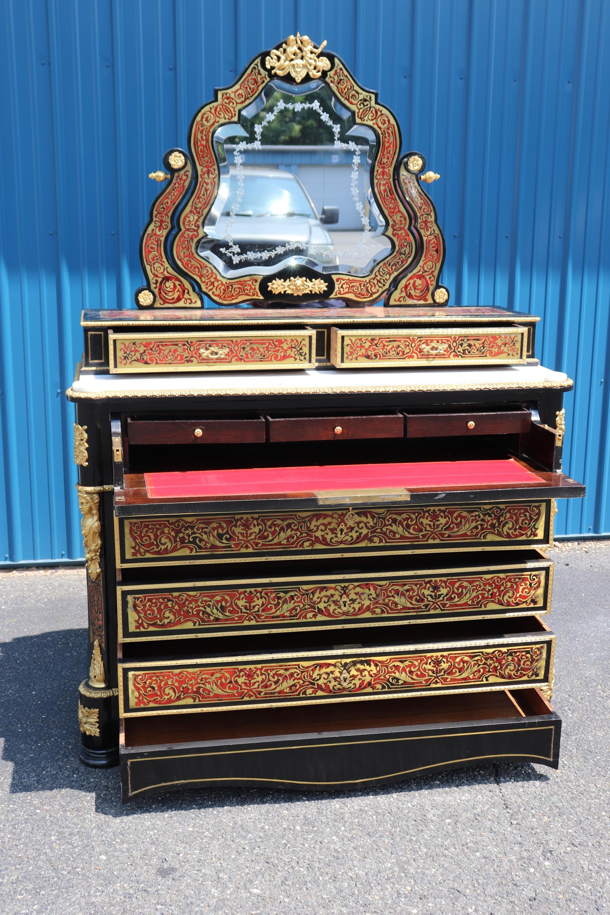 Superb Etched Mirror Brass Inlaid Marble Top Boulle Style Dresser Secretary Desk In Good Condition In Swedesboro, NJ