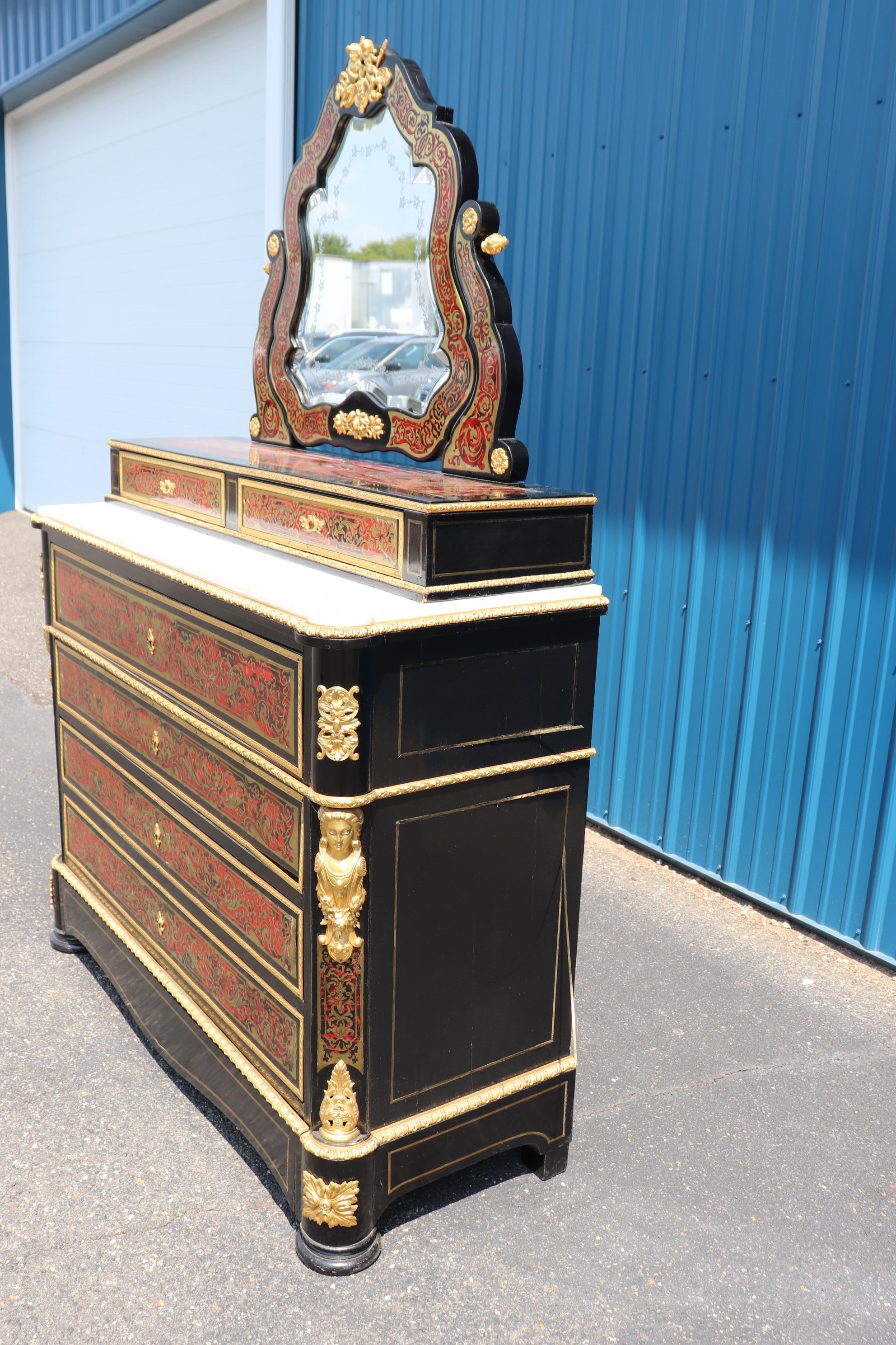 Late 19th Century Superb Etched Mirror Brass Inlaid Marble Top Boulle Style Dresser Secretary Desk