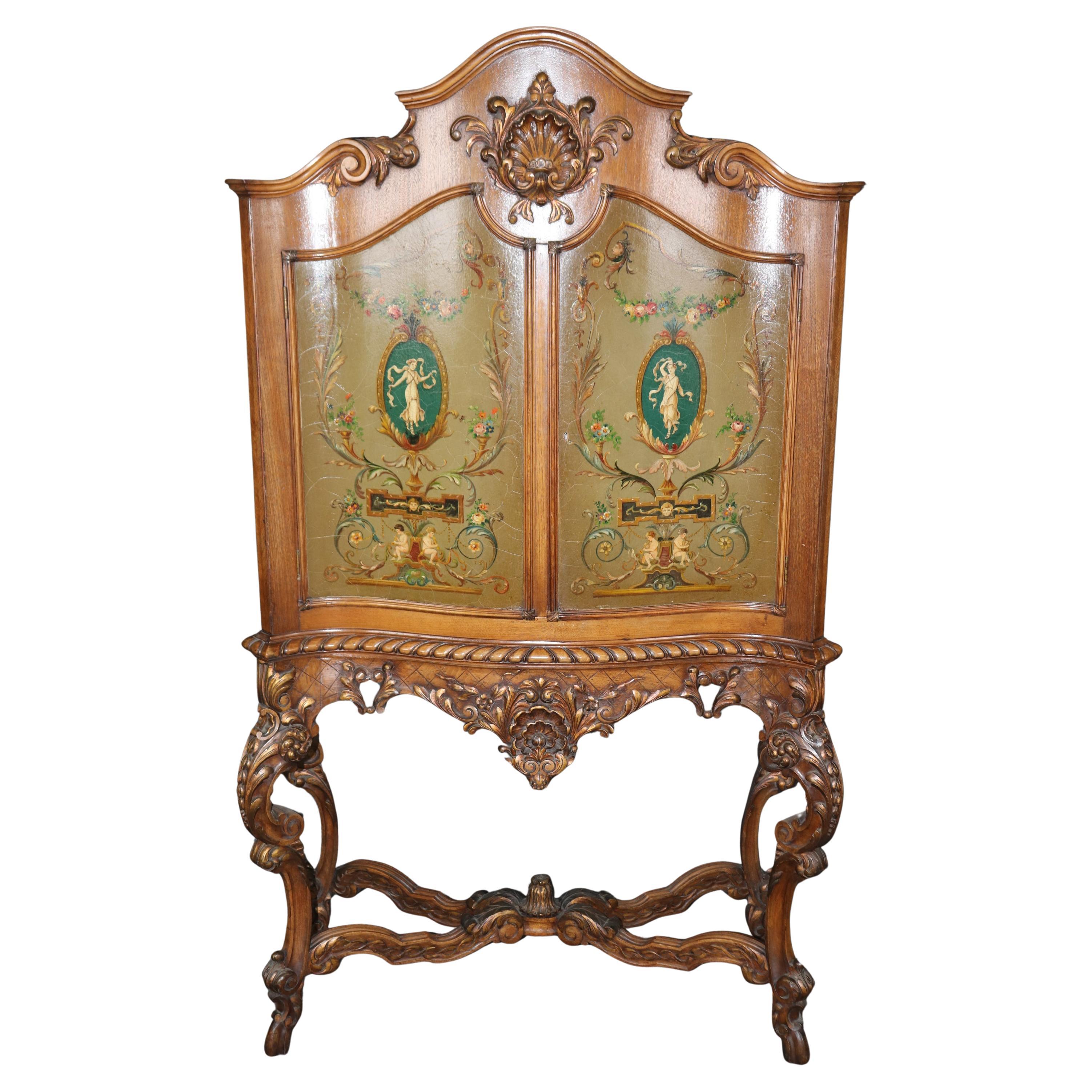 Superb Figural Paint Decorated French Louis XV Carved China Liquor Cabinet For Sale
