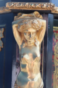 Superb Figural Signed Lexier Boulle Style Inlaid Brass Marble Top Side Cabinet