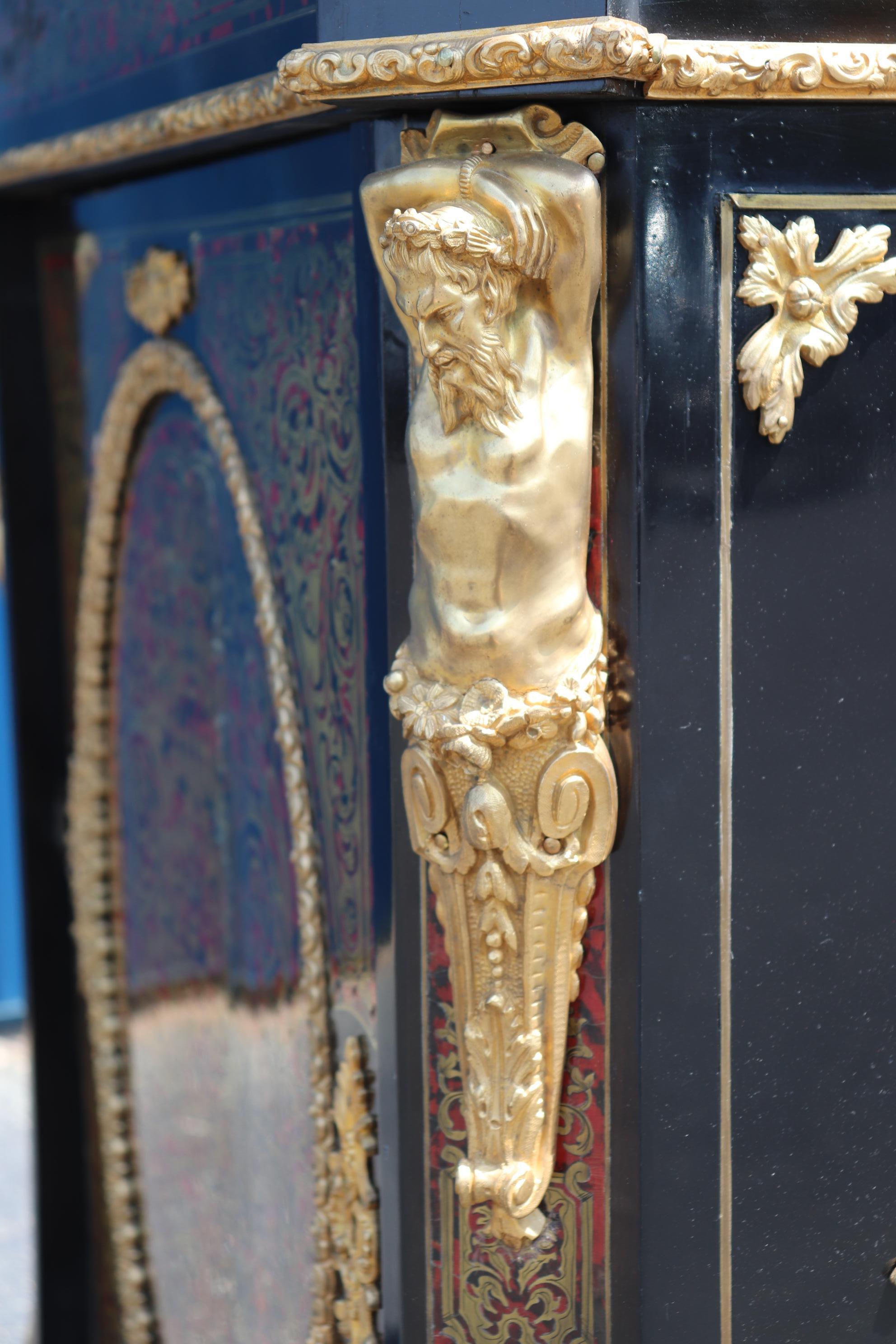 Napoleon III Superb Figural Signed Lexier Boulle Style Inlaid Brass Marble Top Side Cabinet 