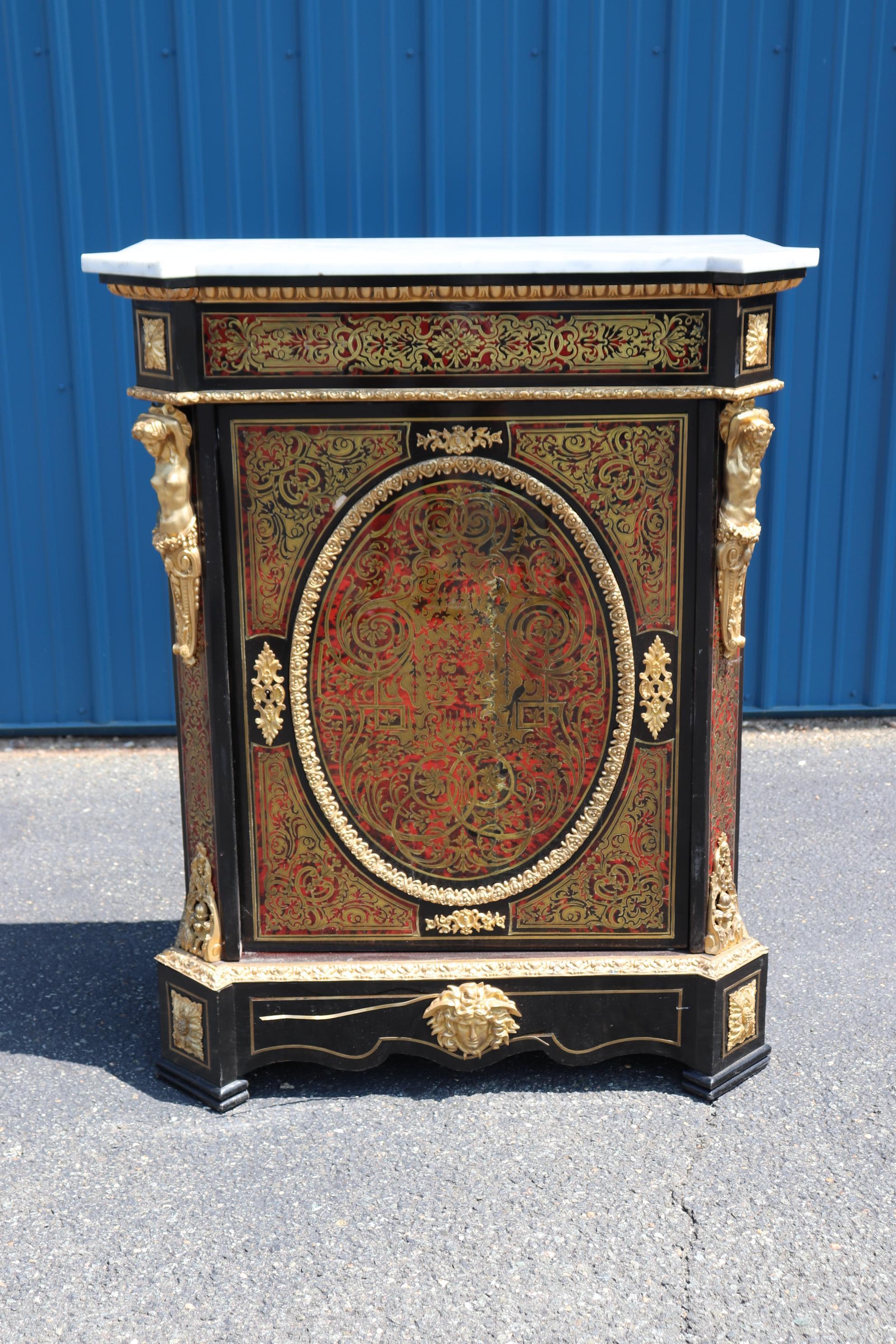 Superb Figural Signed Lexier Boulle Style Inlaid Brass Marble Top Side Cabinet  1