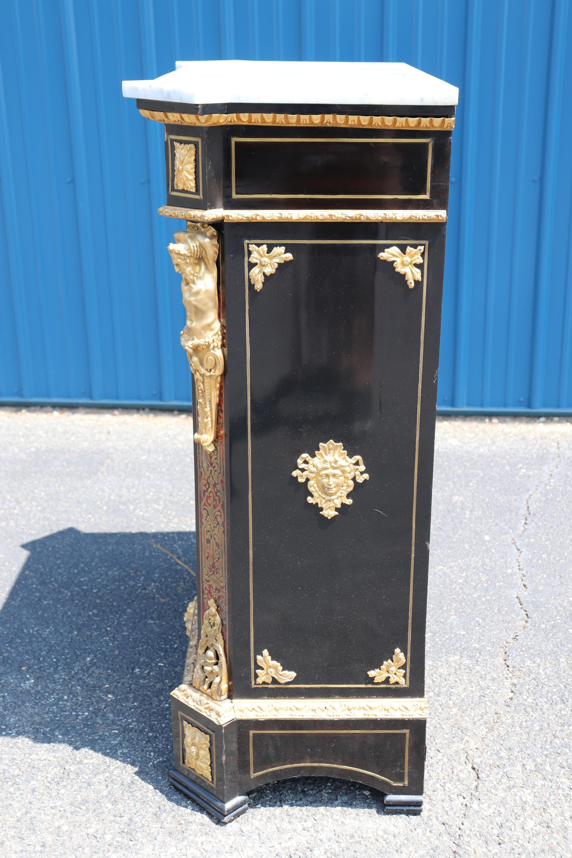 Superb Figural Signed Lexier Boulle Style Inlaid Brass Marble Top Side Cabinet  2