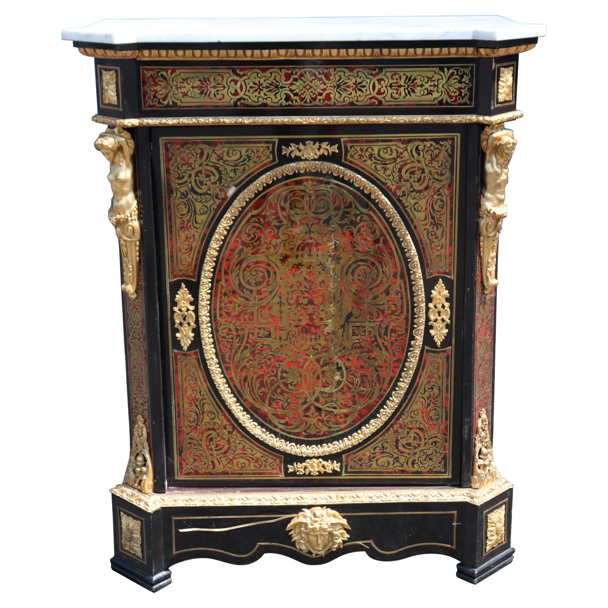 Superb Figural Signed Lexier Boulle Style Inlaid Brass Marble Top Side Cabinet