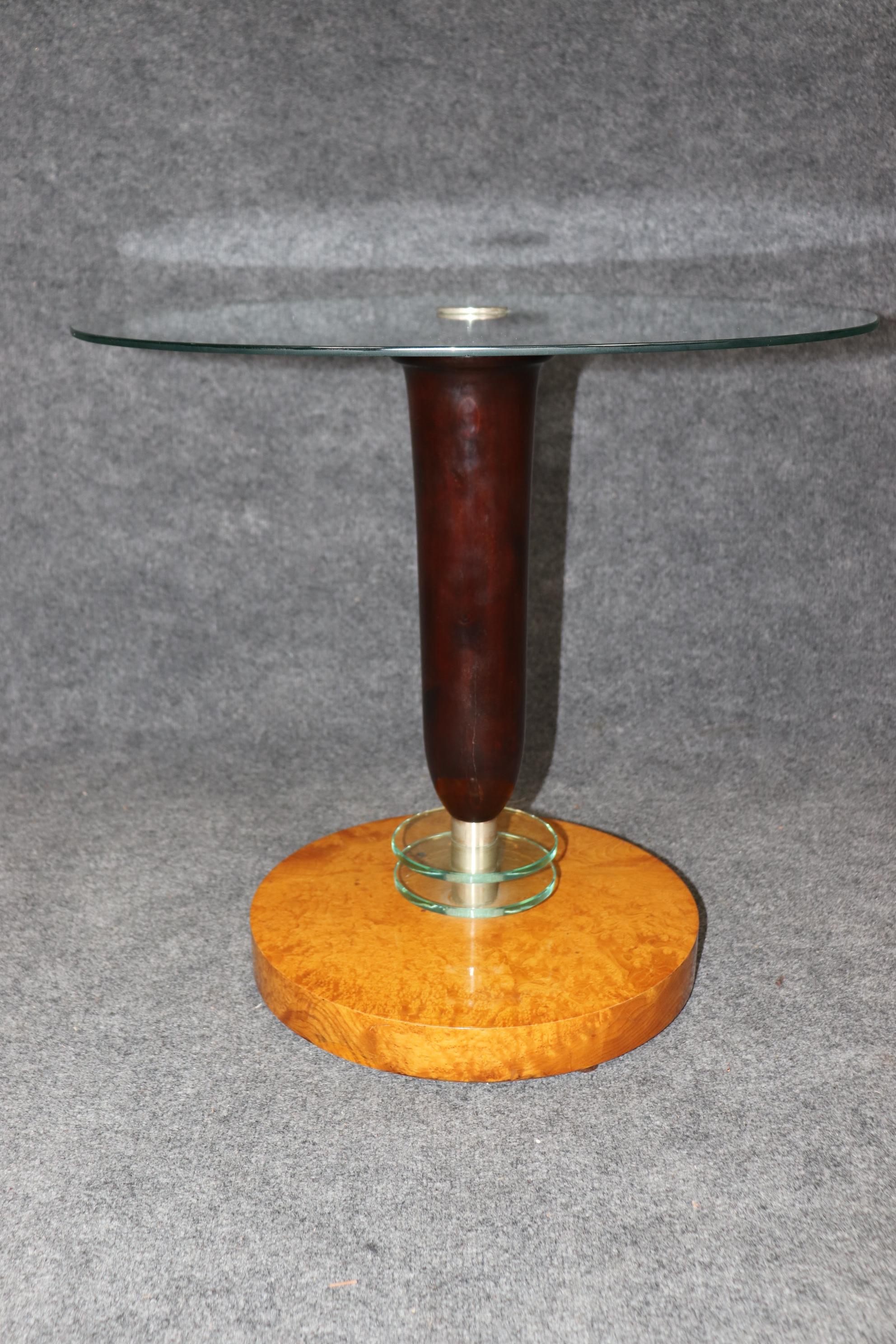 French Superb Figured Polished Birch and Mahogany Glass Art Deco End Table For Sale