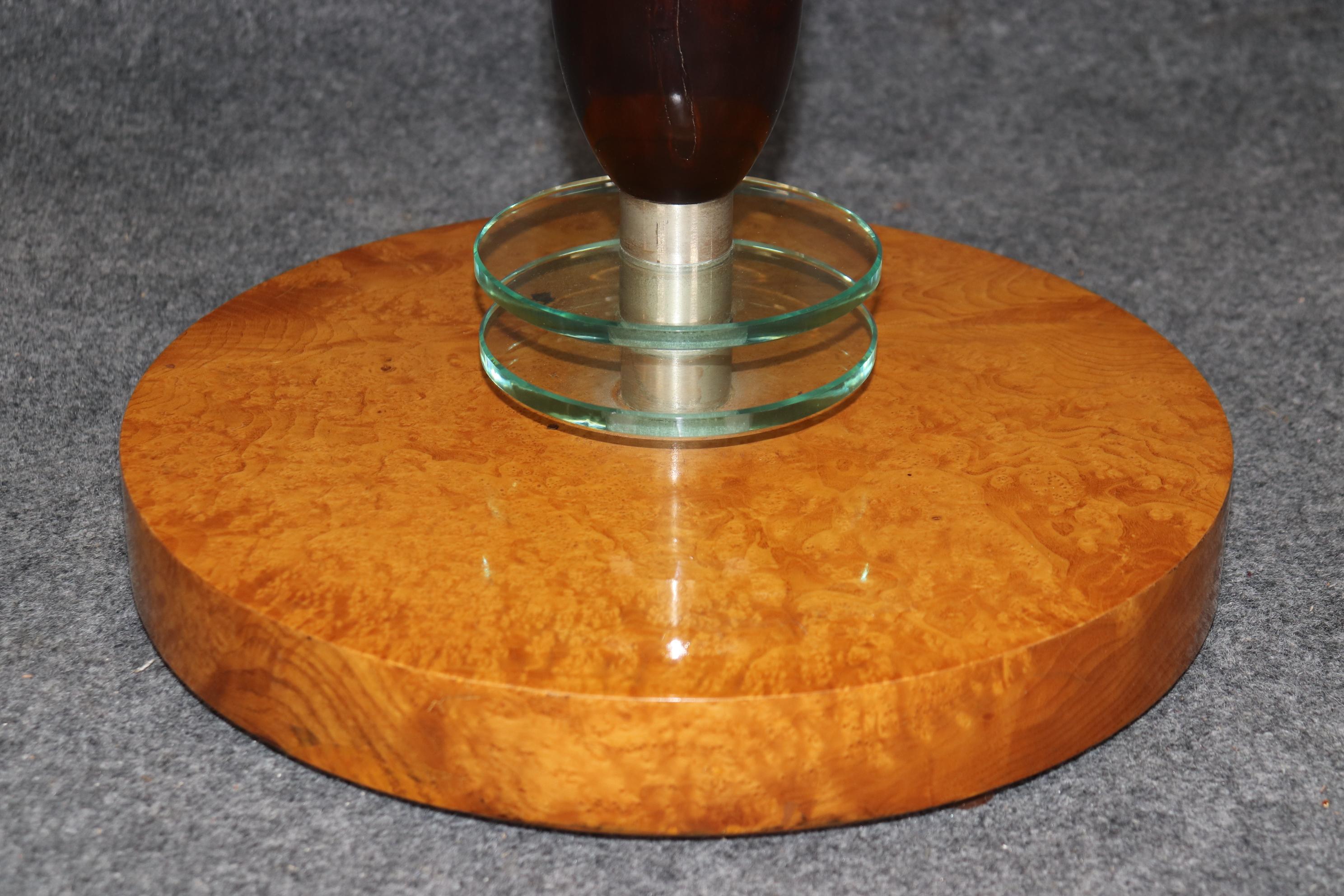 Metal Superb Figured Polished Birch and Mahogany Glass Art Deco End Table For Sale