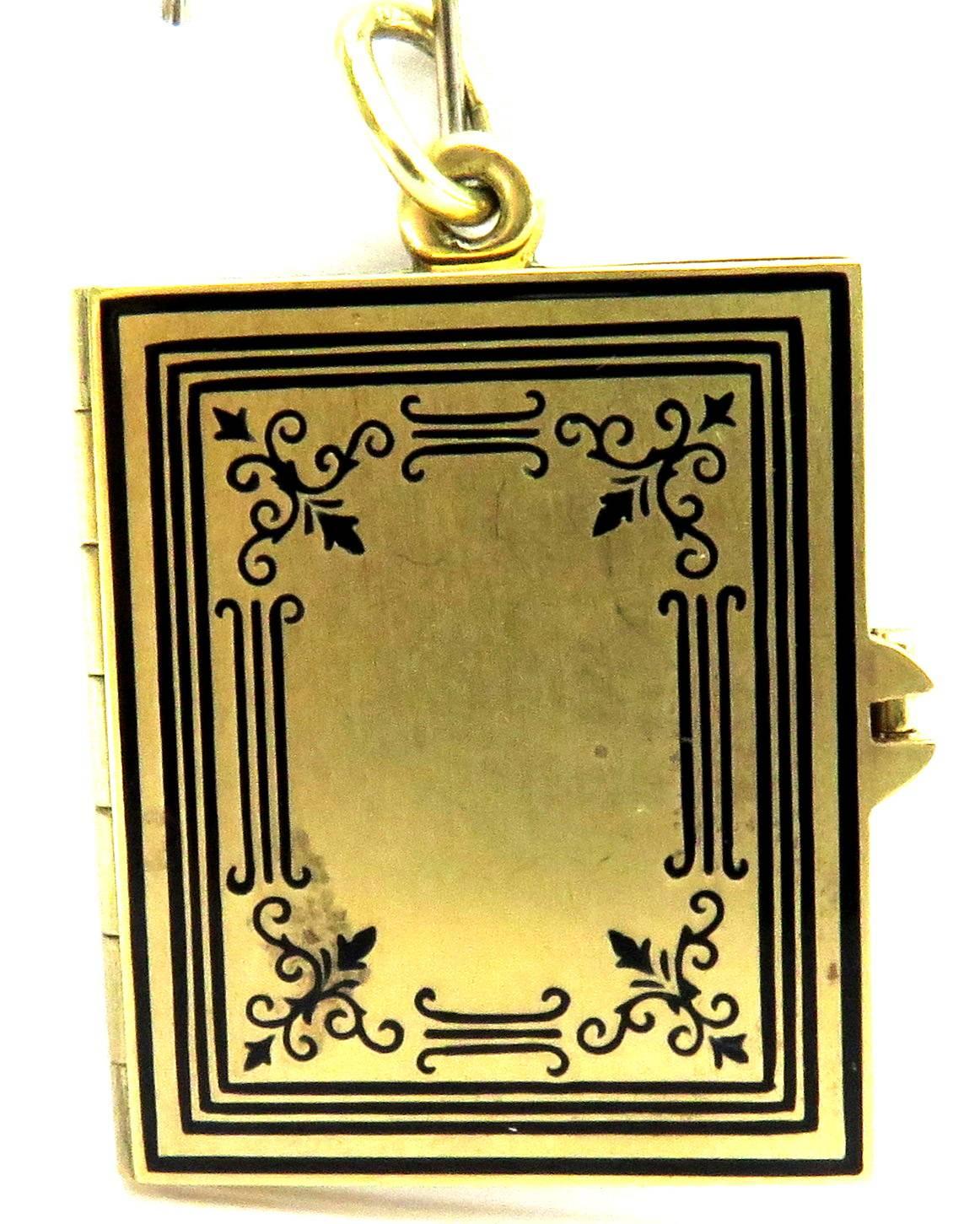 Art Deco Superb Finely Enameled Three-Page Gold Book Locket Charm Pendant For Sale