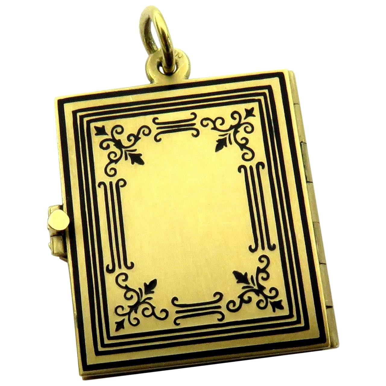 Superb Finely Enameled Three-Page Gold Book Locket Charm Pendant For Sale
