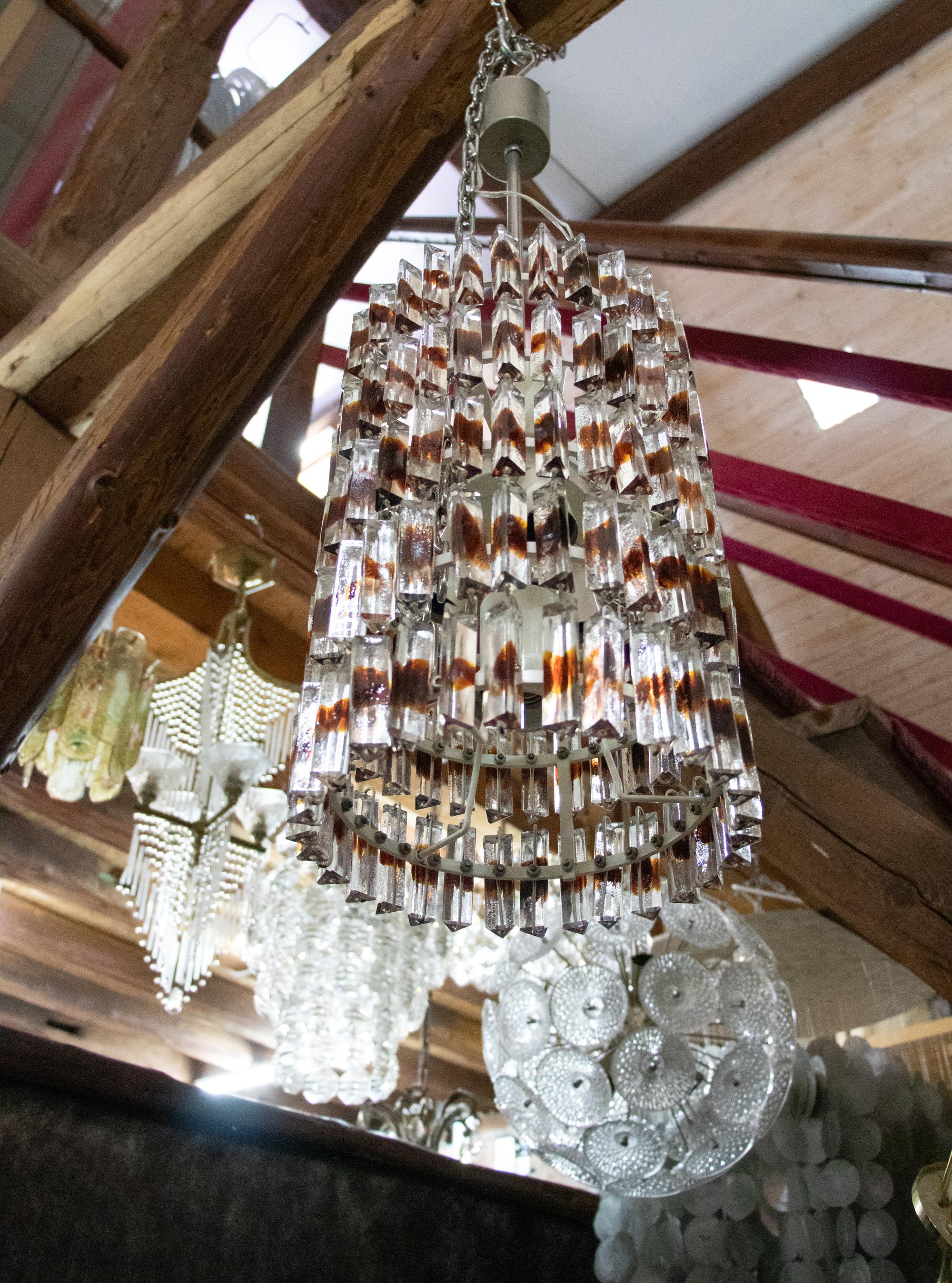 1960 Mid Century Five-Tier Chandelier 'Triedi' Amber Murano Glass Prisms For Sale 4