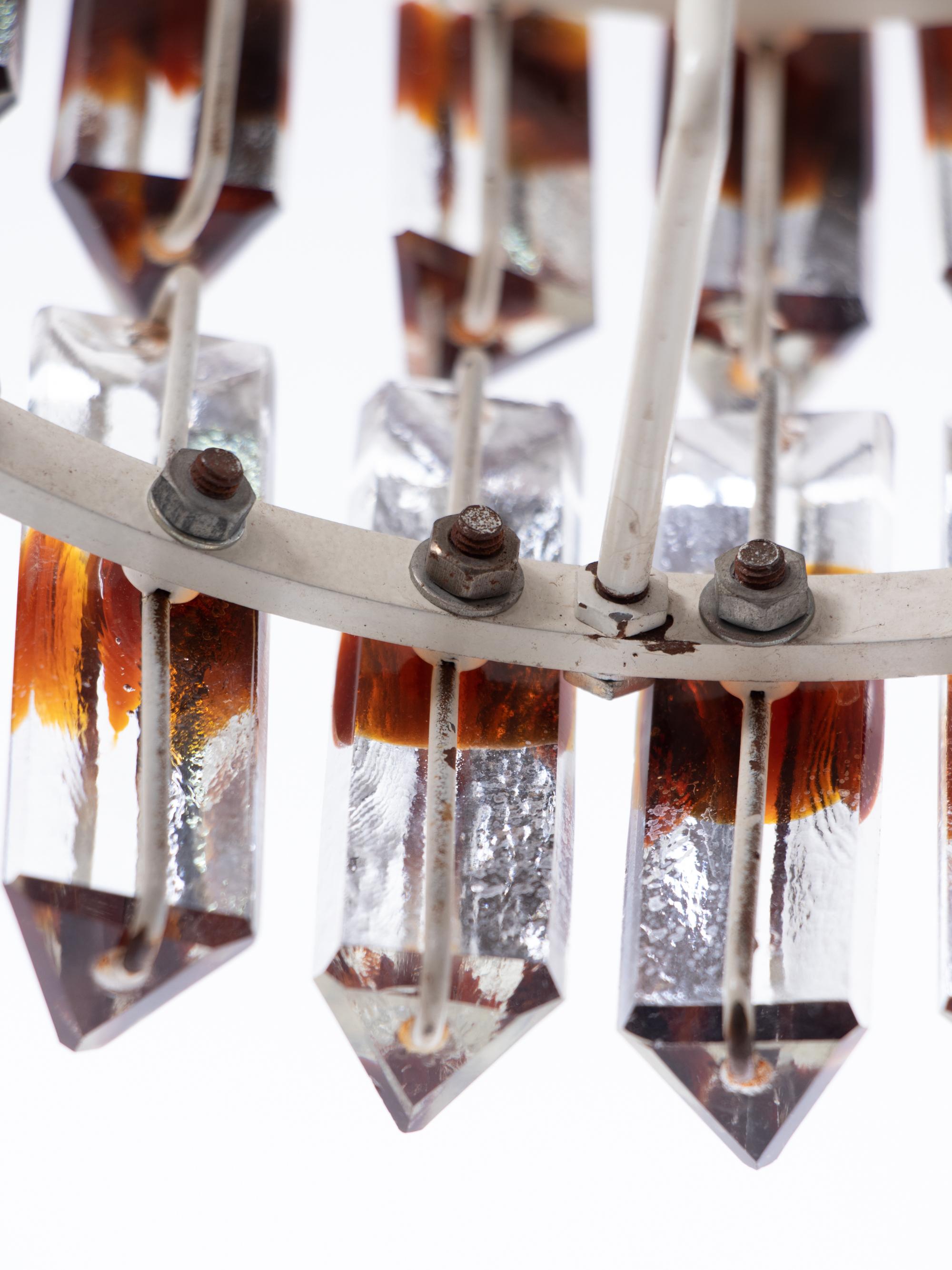 Chrome 1960 Mid Century Five-Tier Chandelier 'Triedi' Amber Murano Glass Prisms For Sale