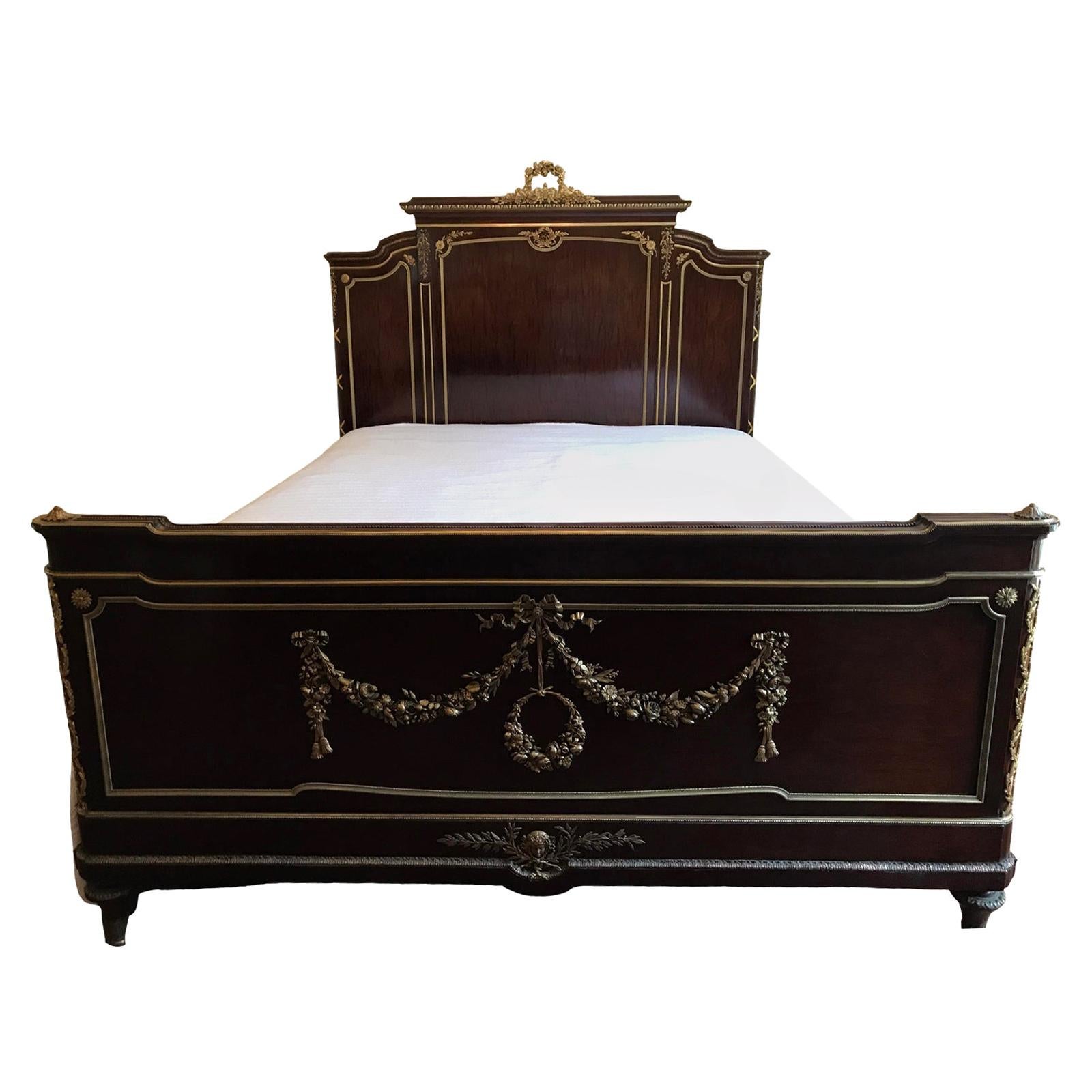 Superb Francois Linke Signed Mahogany and Gilt Bronze European Queen Size Bed