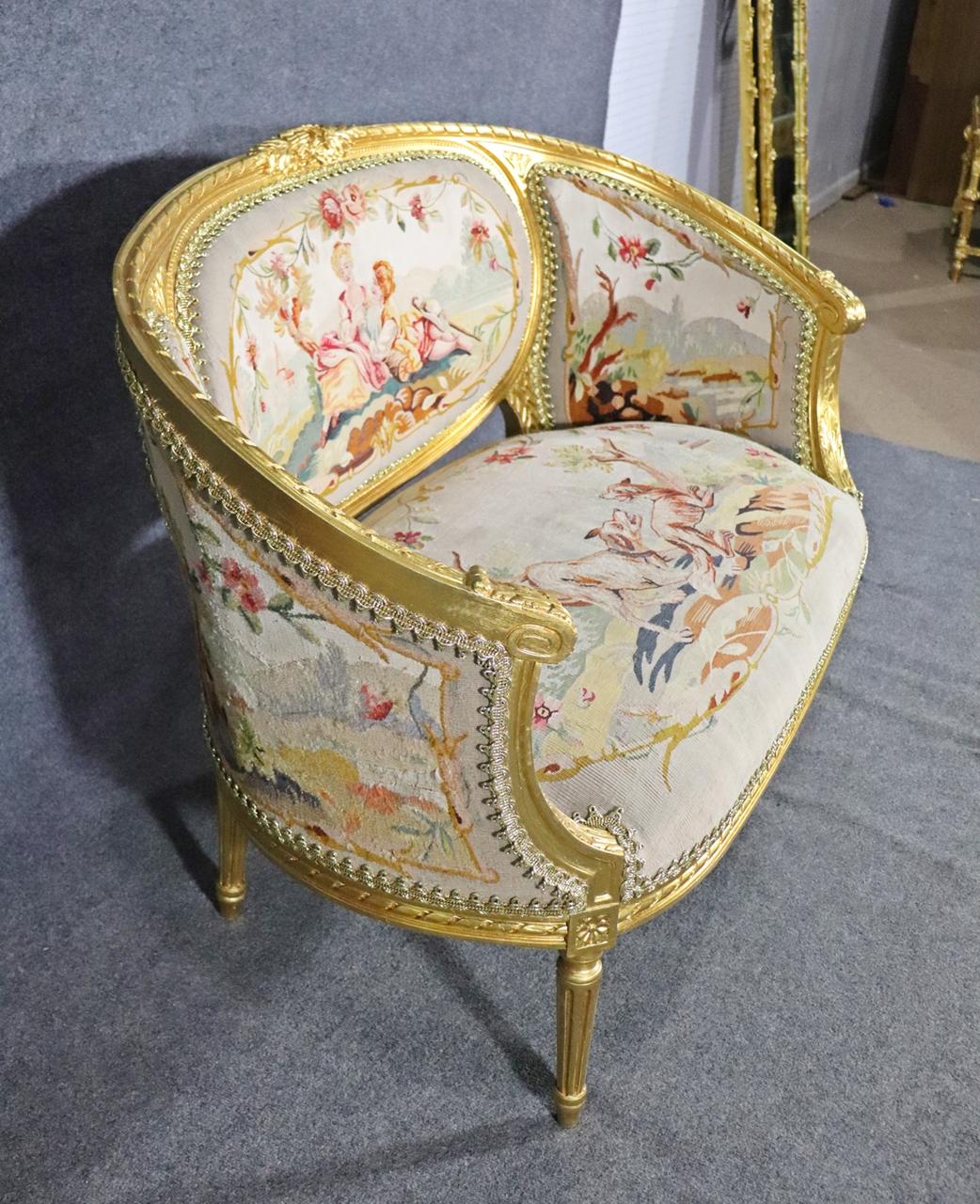 Mid-20th Century Superb French Gilded Corbeille Form Aubusson Settee Canape, Circa 1940
