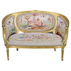 Superb French Gilded Corbeille Form Aubusson Settee Canape, Circa 1940