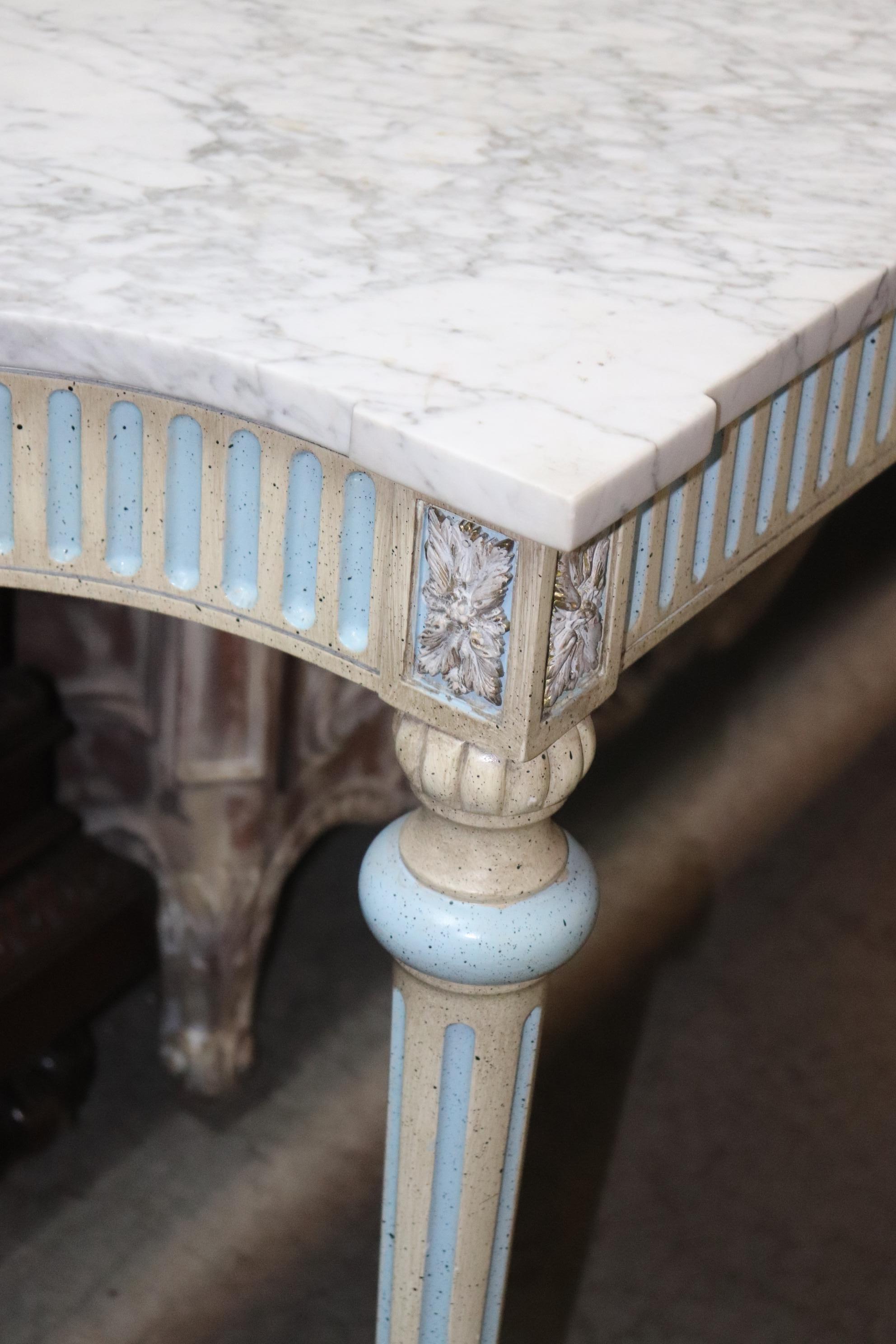 Superb French Louis XVI Style Marble Top Blue and White Console Table 10