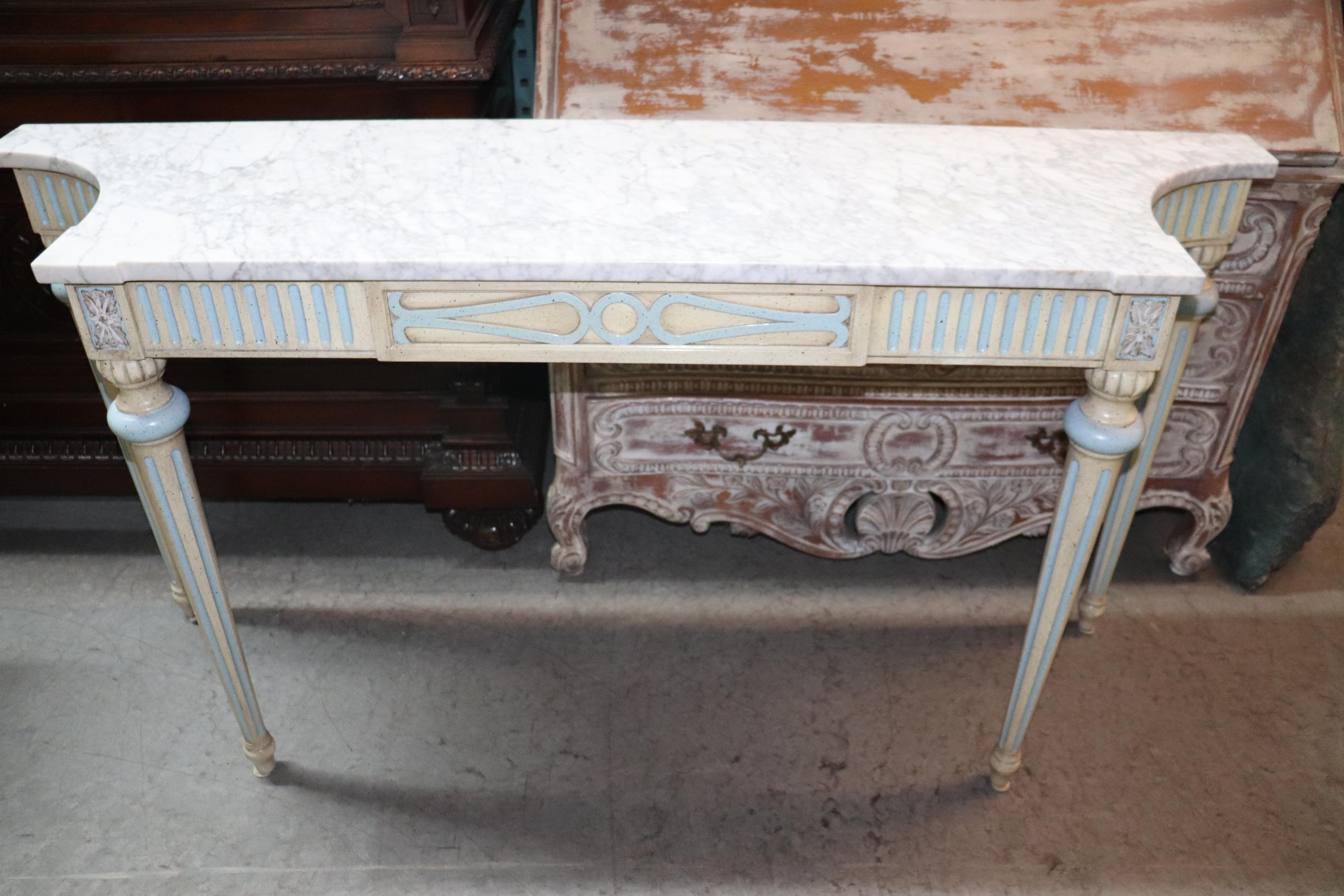 Superb French Louis XVI Style Marble Top Blue and White Console Table 11