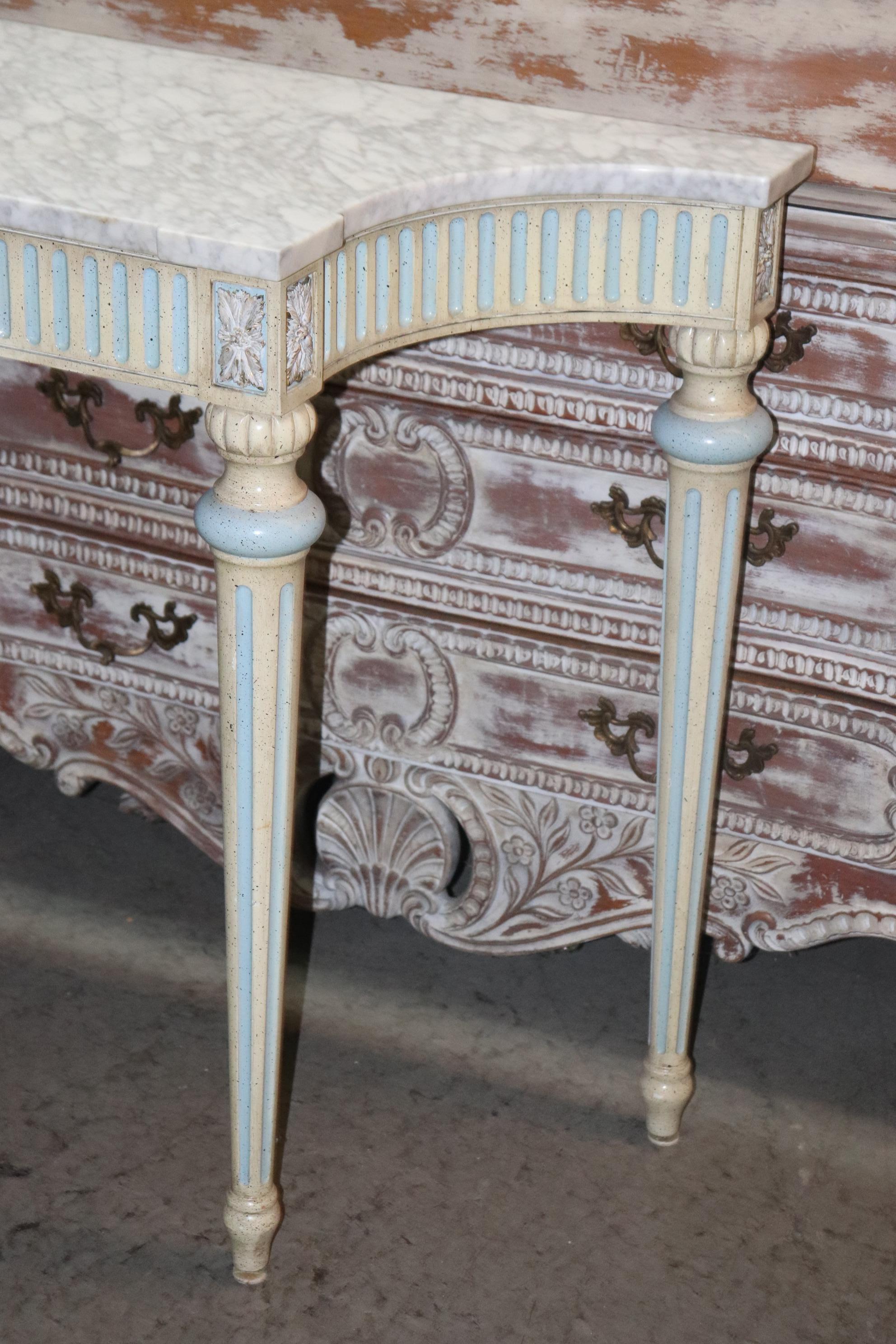 Superb French Louis XVI Style Marble Top Blue and White Console Table In Good Condition In Swedesboro, NJ