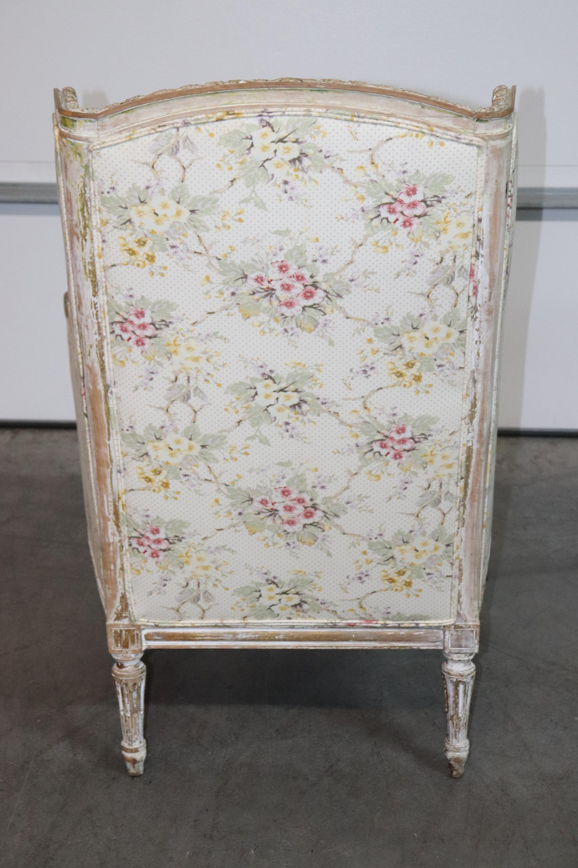 Superb French Painted Decorated Time-Worn Distressed Louis XV Bergere Chair 9