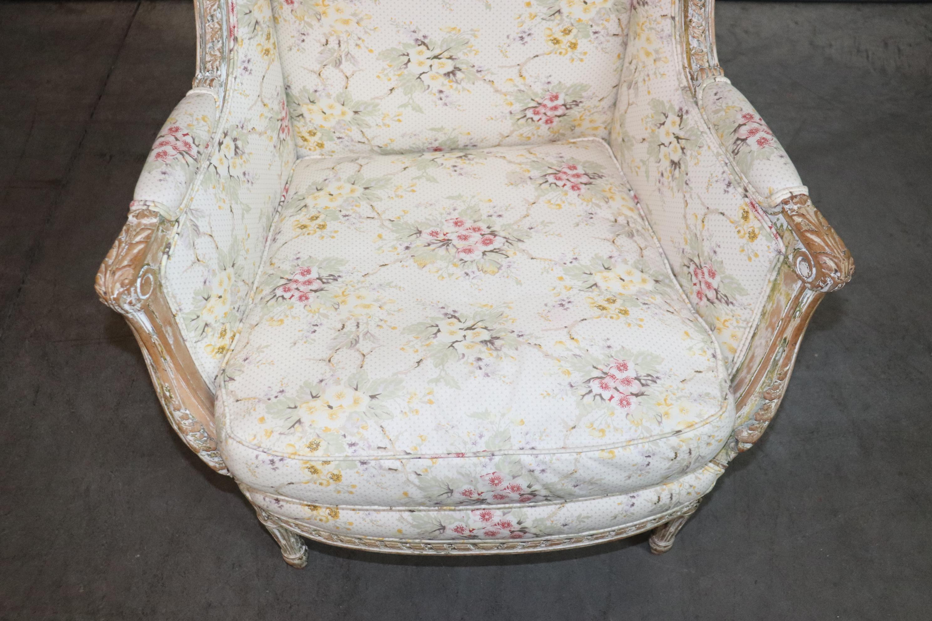 Walnut Superb French Painted Decorated Time-Worn Distressed Louis XV Bergere Chair