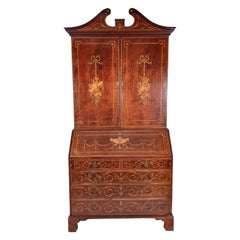 Superb George III Marquetry Inlaid Mahogany Bureau Bookcase