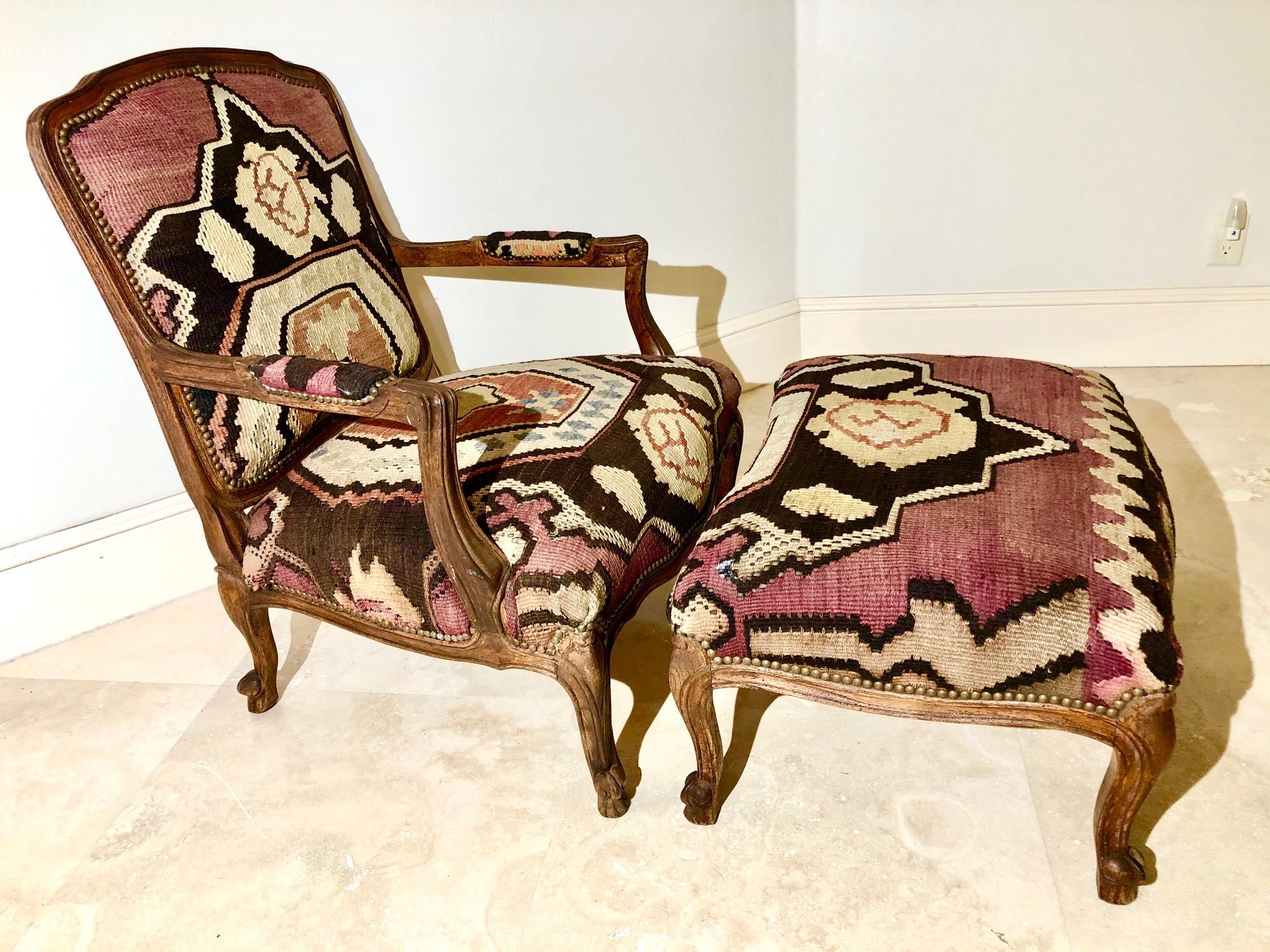 Gorgeous George Smith style, Louis XVI French chair and ottoman set
finished immaculately in vintage kilim upholstery. # 4347

Measures: Chair: H 37