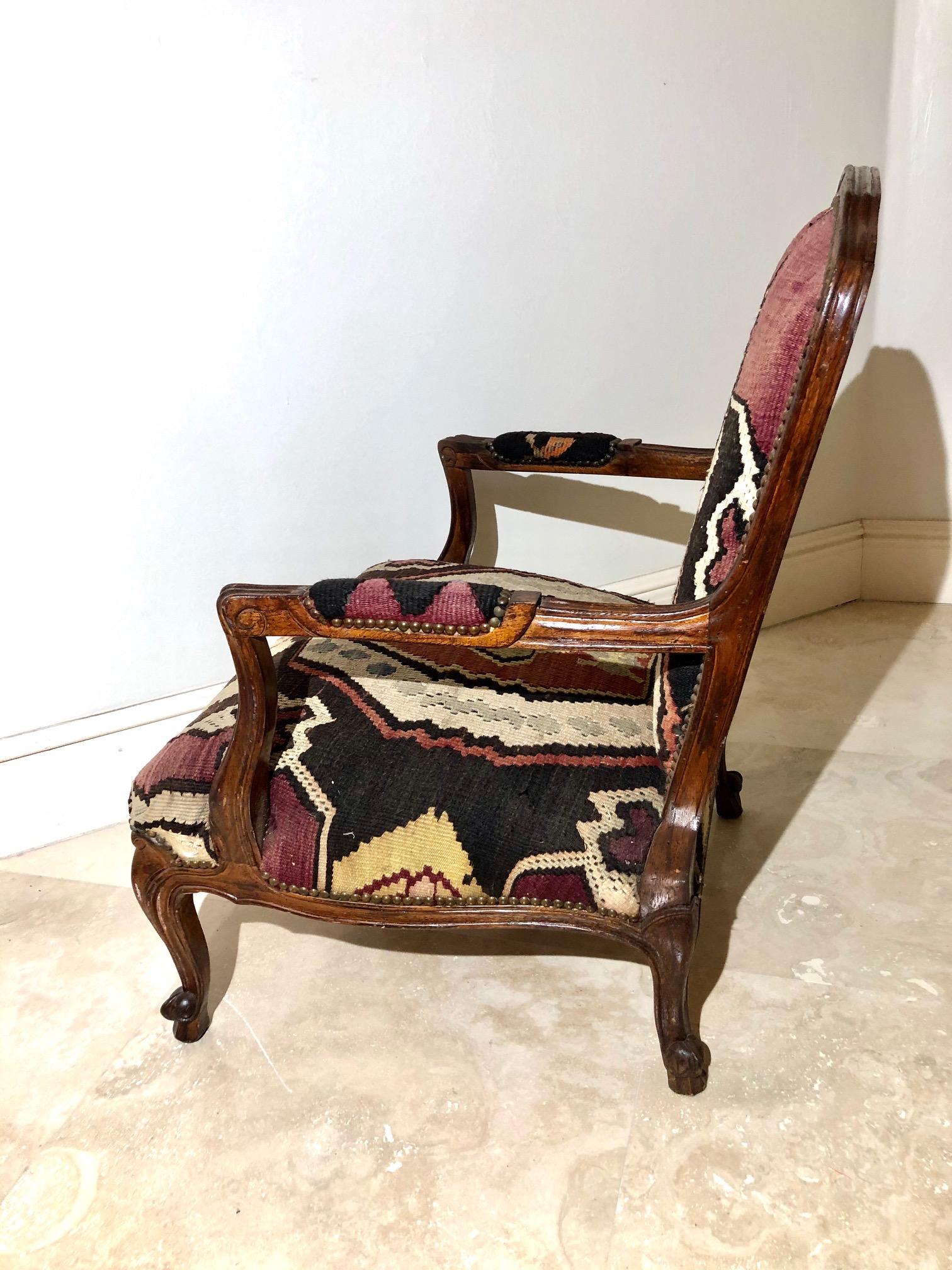 French Superb George Smith Style Chair and Ottoman Upholstered in Kilim