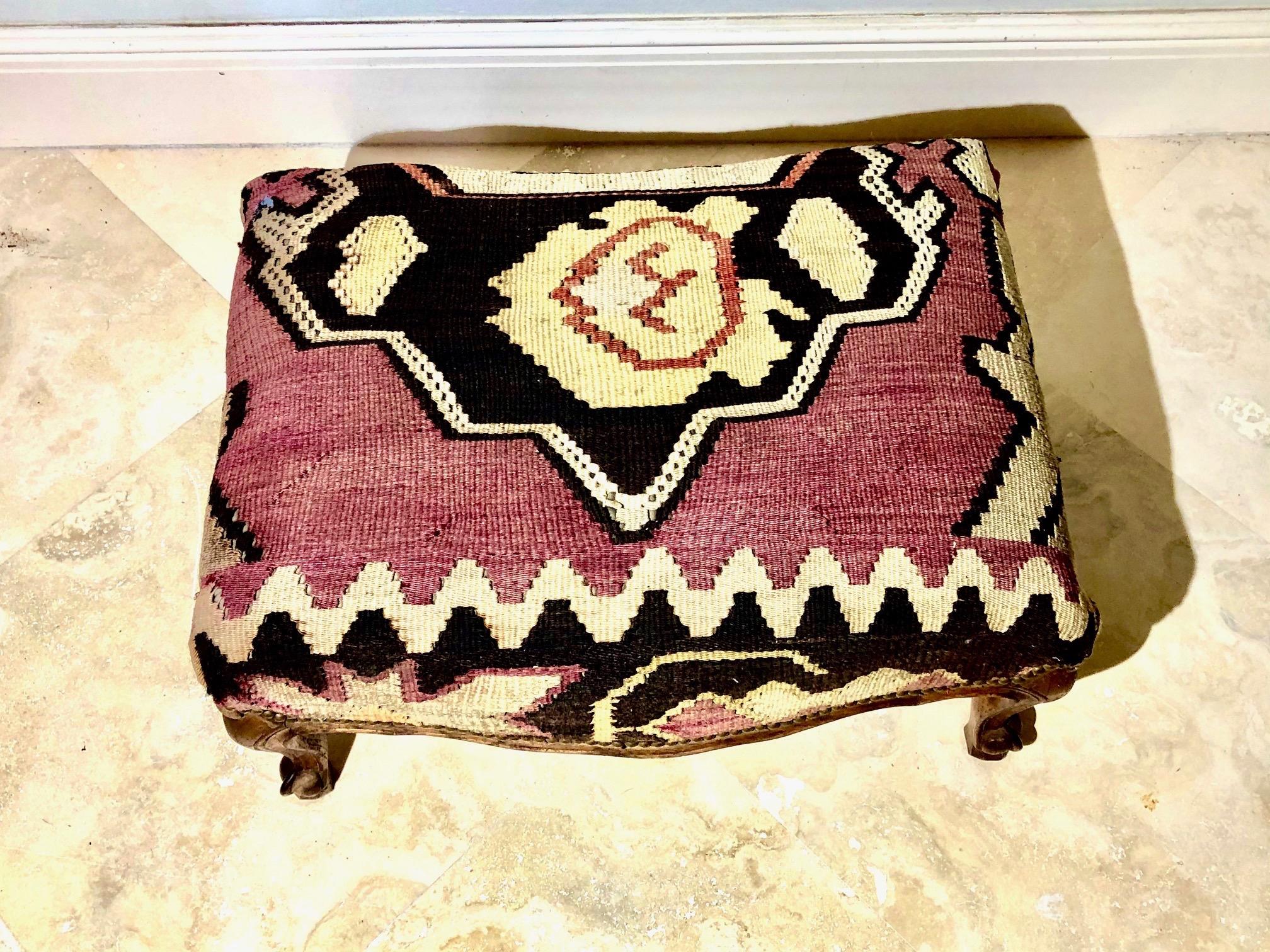 Mid-20th Century Superb George Smith Style Chair and Ottoman Upholstered in Kilim