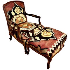 Superb George Smith Style Chair and Ottoman Upholstered in Kilim