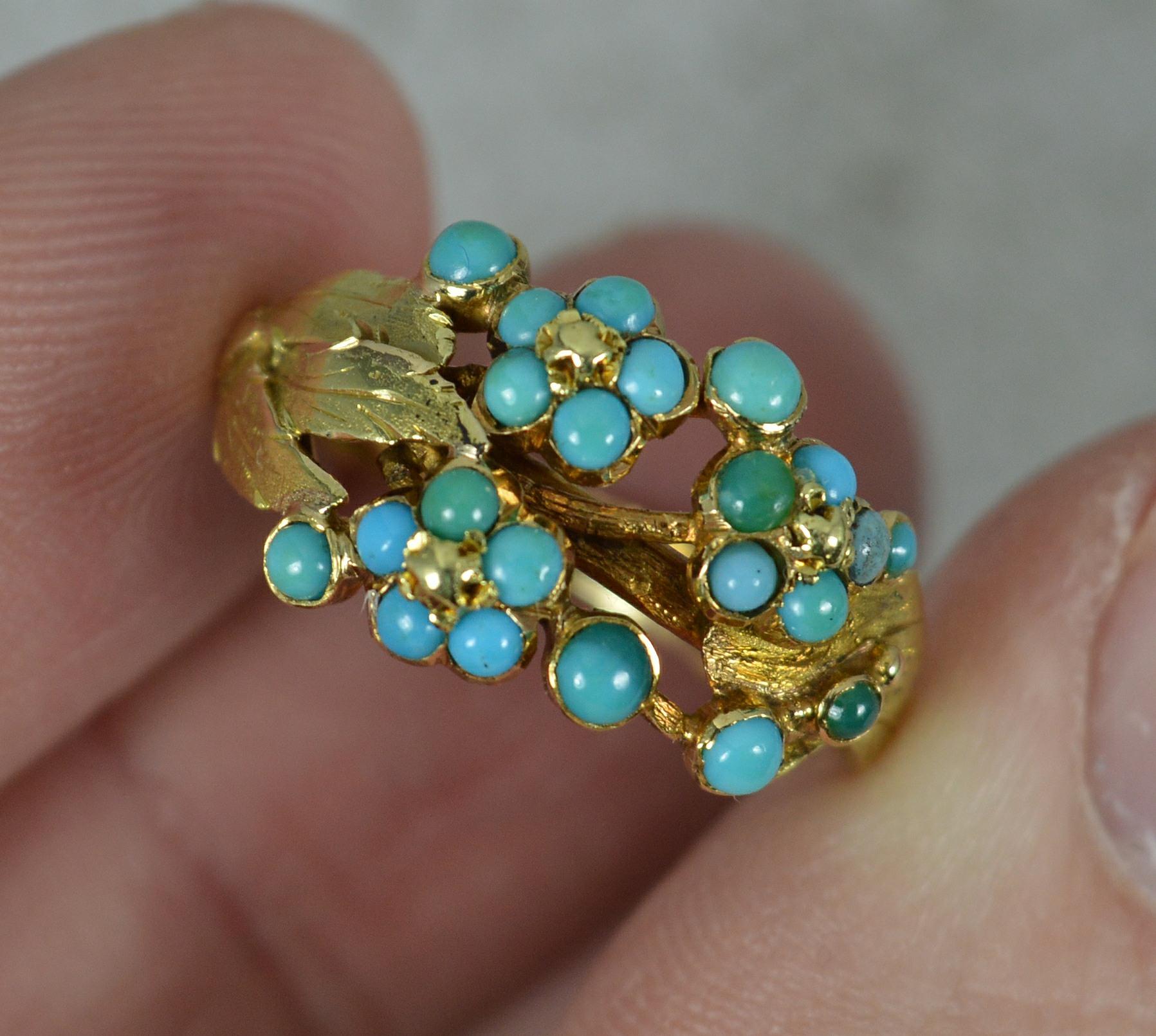 Round Cut Superb Georgian 15ct Gold and Turquoise Floral Cluster Ring