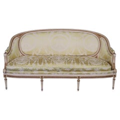 Vintage Superb Gilded Painted French Louis XVI Silk Upholstered Settee Sofa Circa 1950
