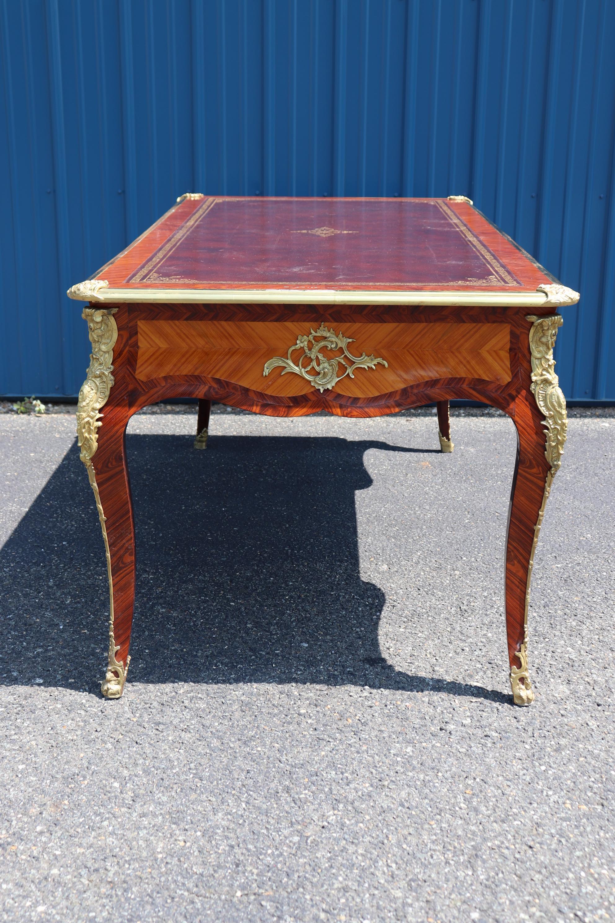 Louis XV Superb Gold Embossed Leather Top Bronze Mounted Rosewood Bureau Plat Desk
