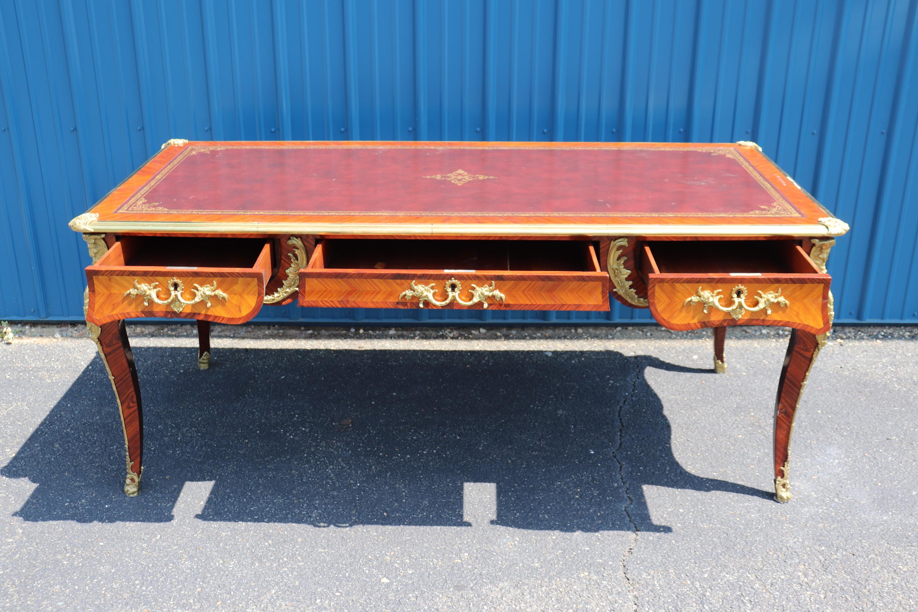 Mid-20th Century Superb Gold Embossed Leather Top Bronze Mounted Rosewood Bureau Plat Desk