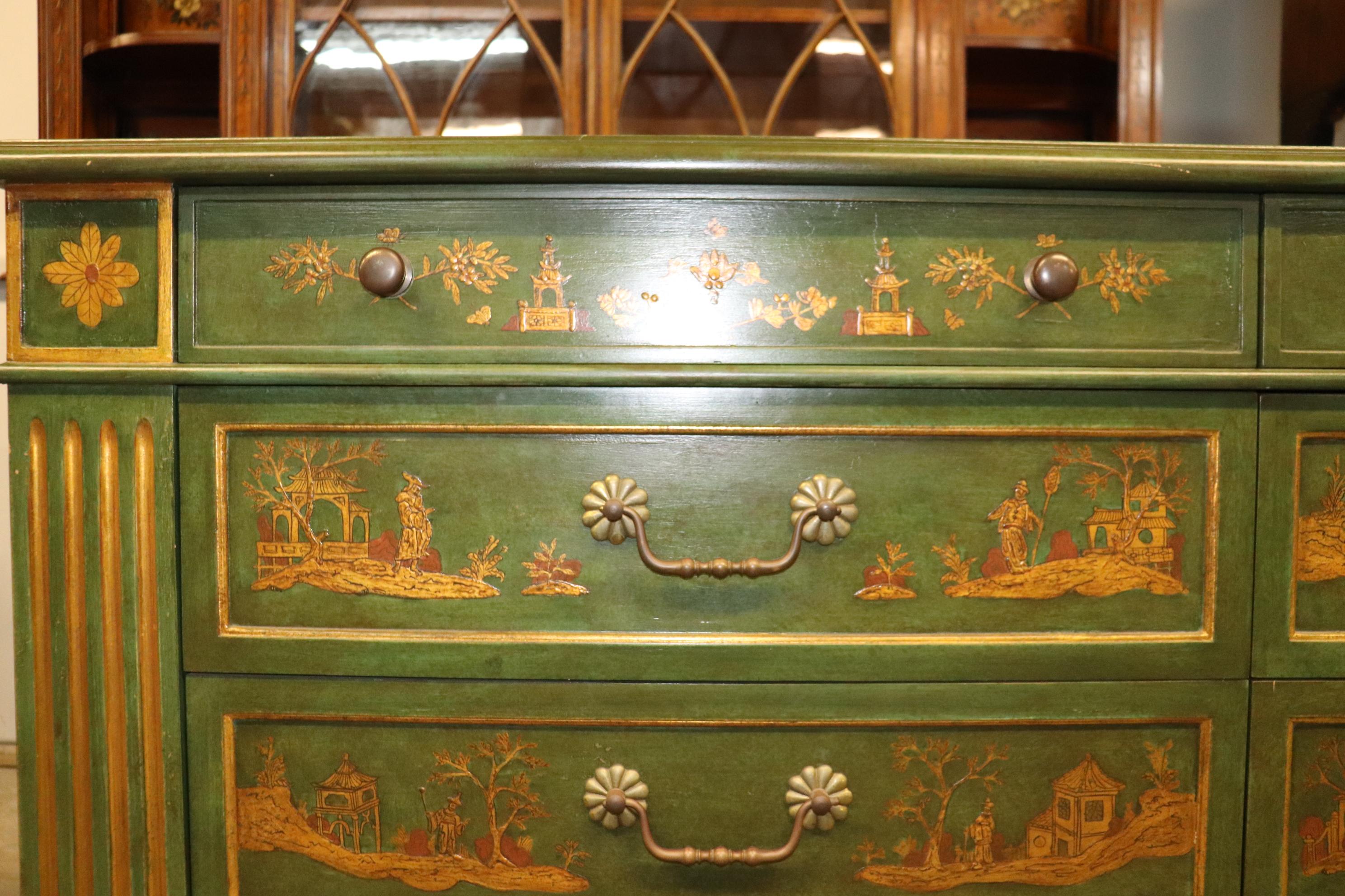 Superb Green and Gold Chinoiserie French Directoire Louis XVI 8 Drawer Dresser 6
