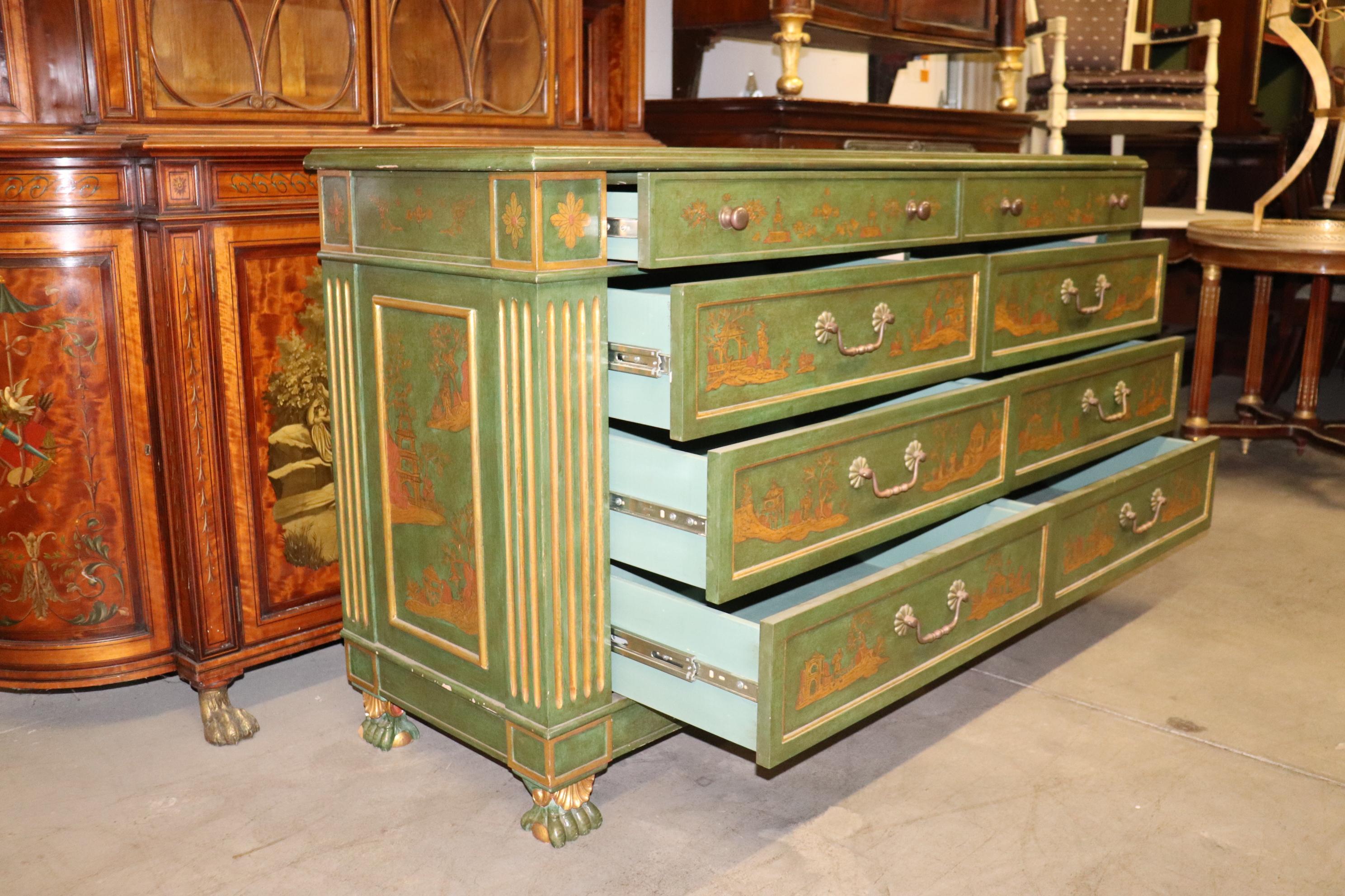Walnut Superb Green and Gold Chinoiserie French Directoire Louis XVI 8 Drawer Dresser
