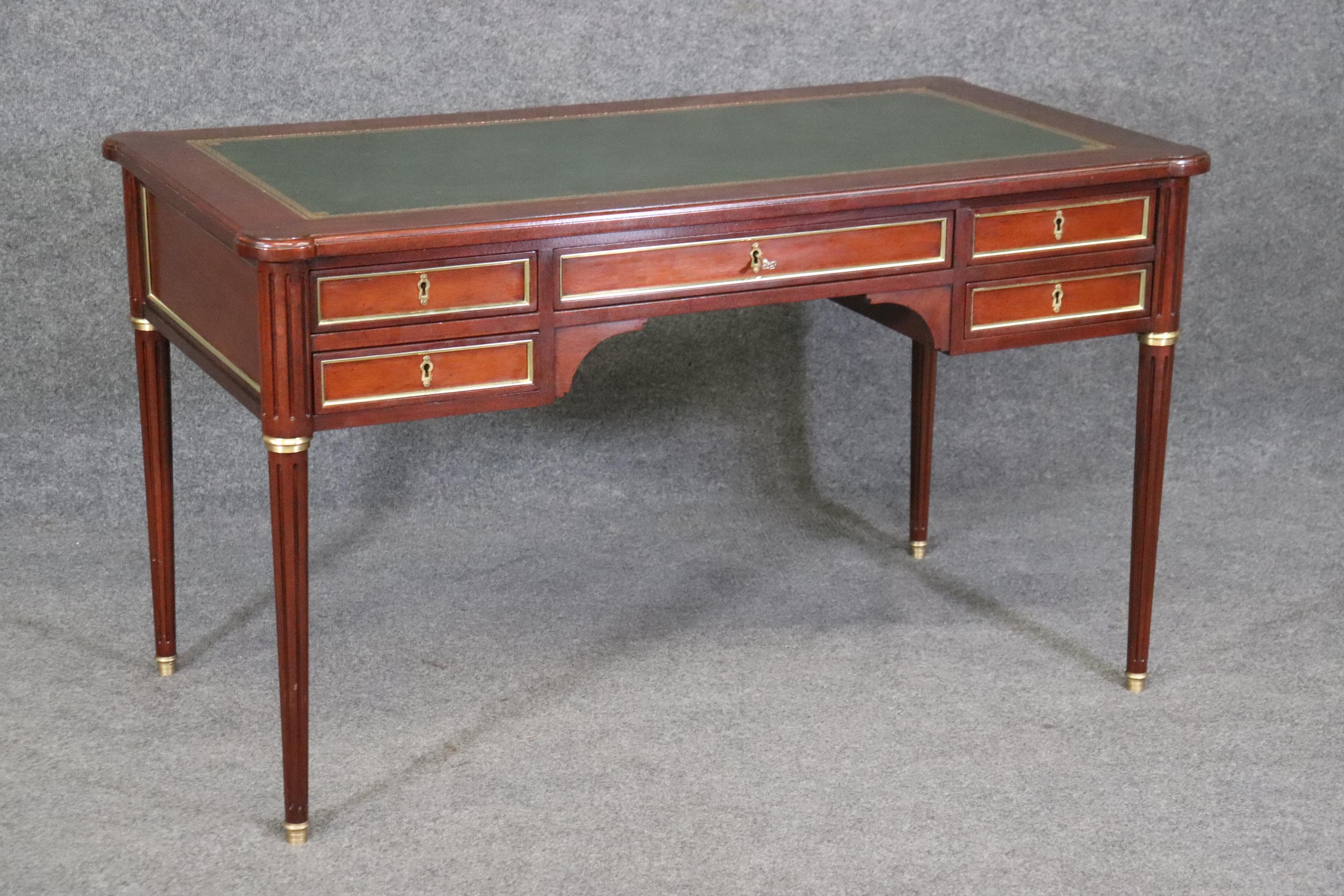 Brass Superb Green Leather Top Baker French Directoire Writing Desk with Tablet Trays