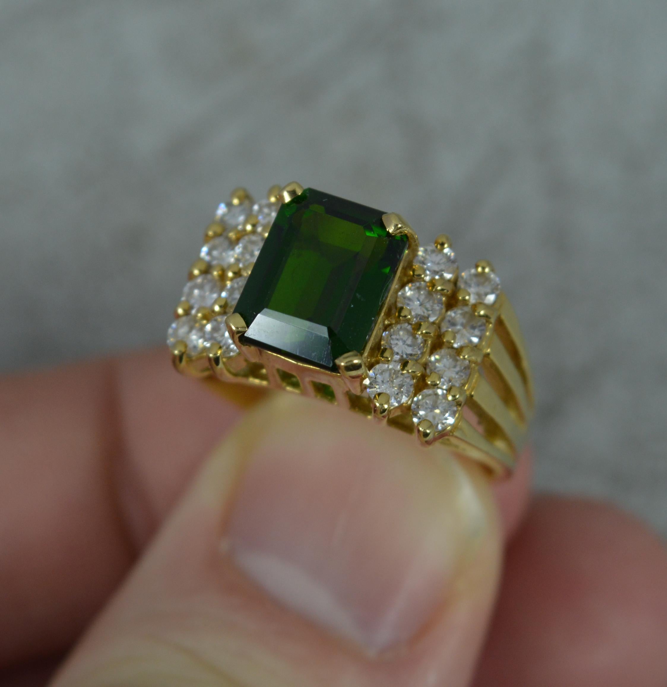 Superb Green Tourmaline and 0.6ct Diamond 18 Carat Gold Cluster Ring 4