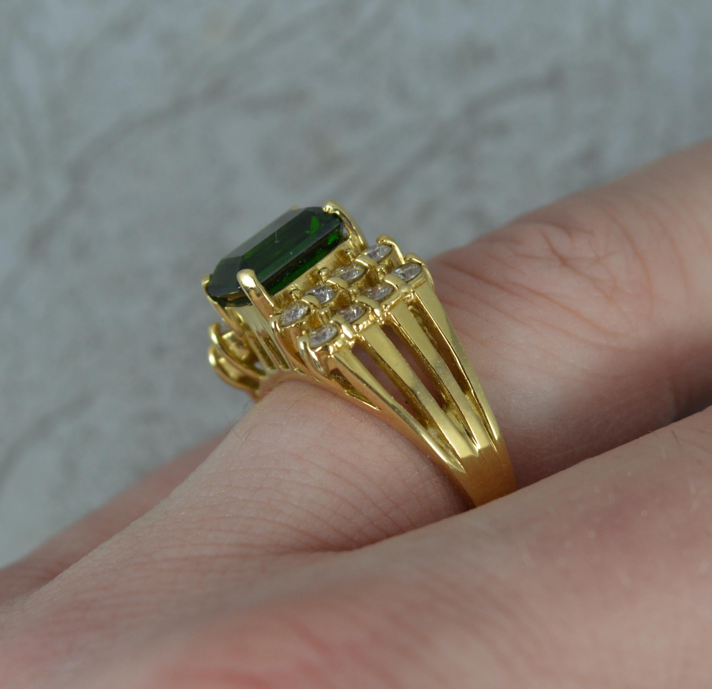 Emerald Cut Superb Green Tourmaline and 0.6ct Diamond 18 Carat Gold Cluster Ring