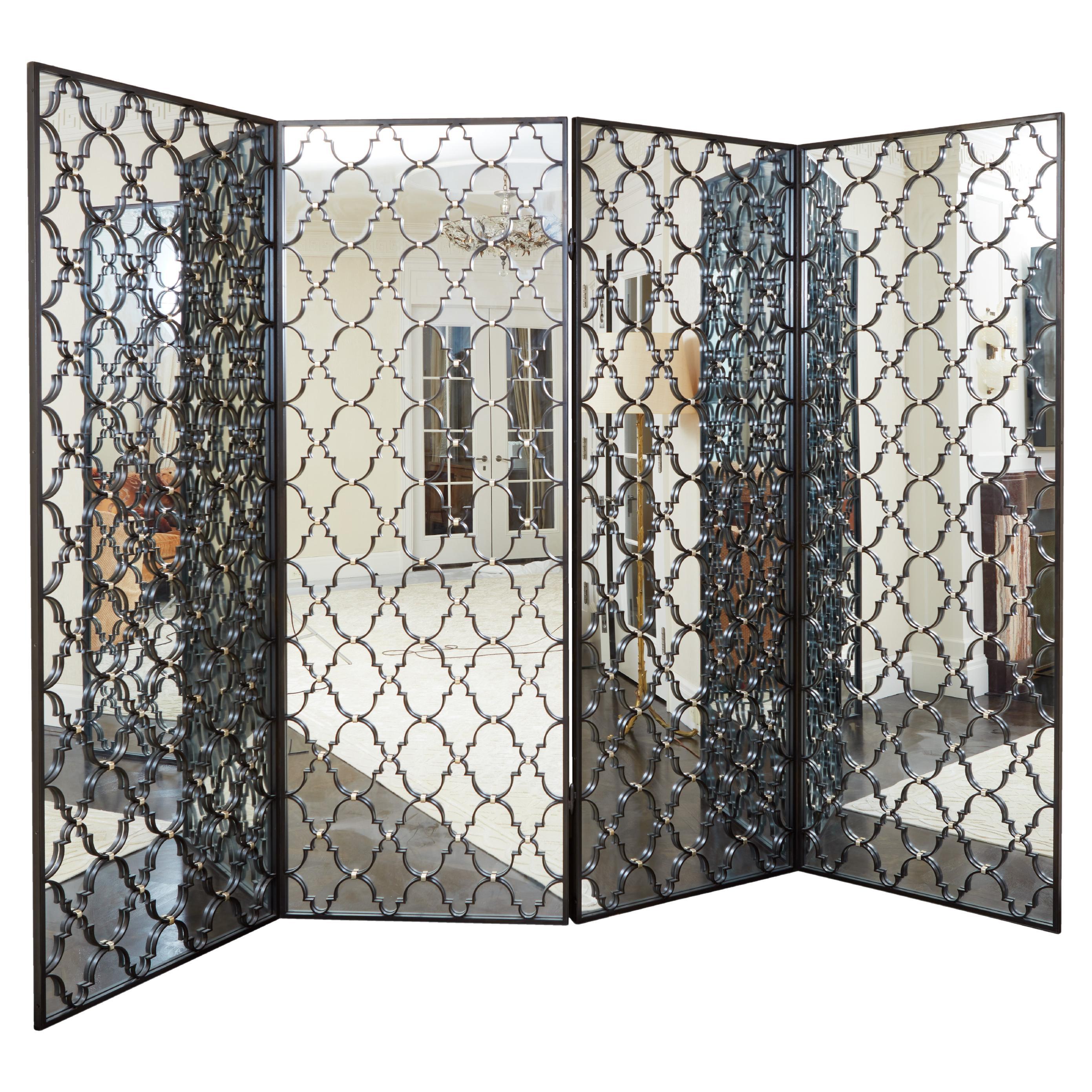 Superb Hand Crafted Wrought Iron and Mirrored 4 Panel Screen