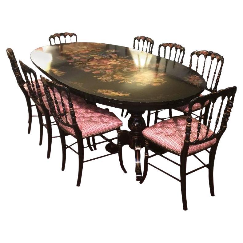 Superb Hand-Painted Antique Oblong Dining Set with Eight Chairs