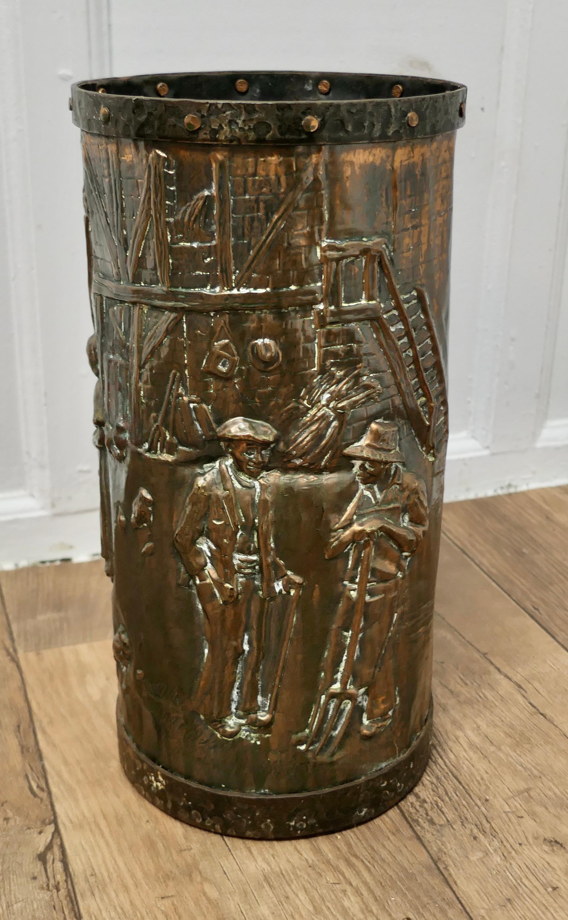 Superb Heavy French Copper and Iron Stick Stand, Umbrella Stand

A very superb quality piece, the stand is round, it has a hand beaten brass design showing Superb Heavy French Copper and Iron Stick Stand, Umbrella Stand continuous country scene,